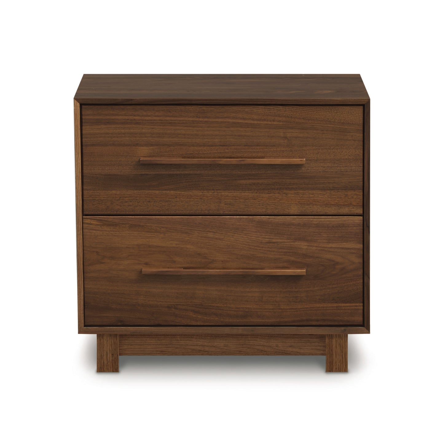 A mid-century modern Sloane 2-Drawer Nightstand crafted from solid black American walnut, isolated on a white background by Copeland Furniture.