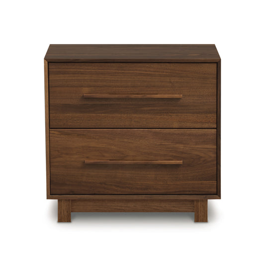 Sloane 2-Drawer Nightstand by Copeland Furniture, showcasing a minimalist design with mid-century flair and sleek metal handles on wooden legs.