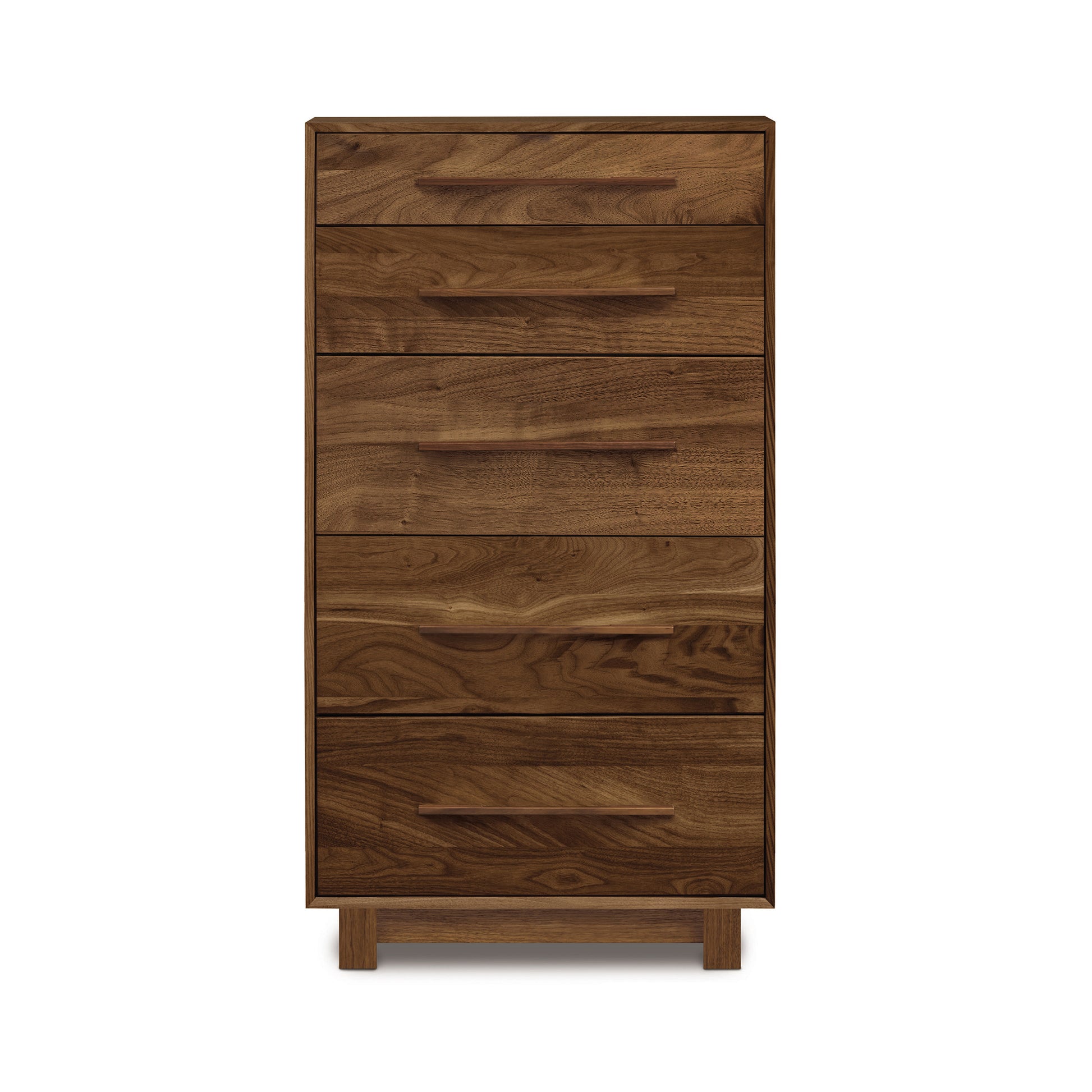 Sloane 5-Drawer Narrow Chest by Copeland Furniture with horizontal handles and a natural brown finish showcasing its stunning wood grain.