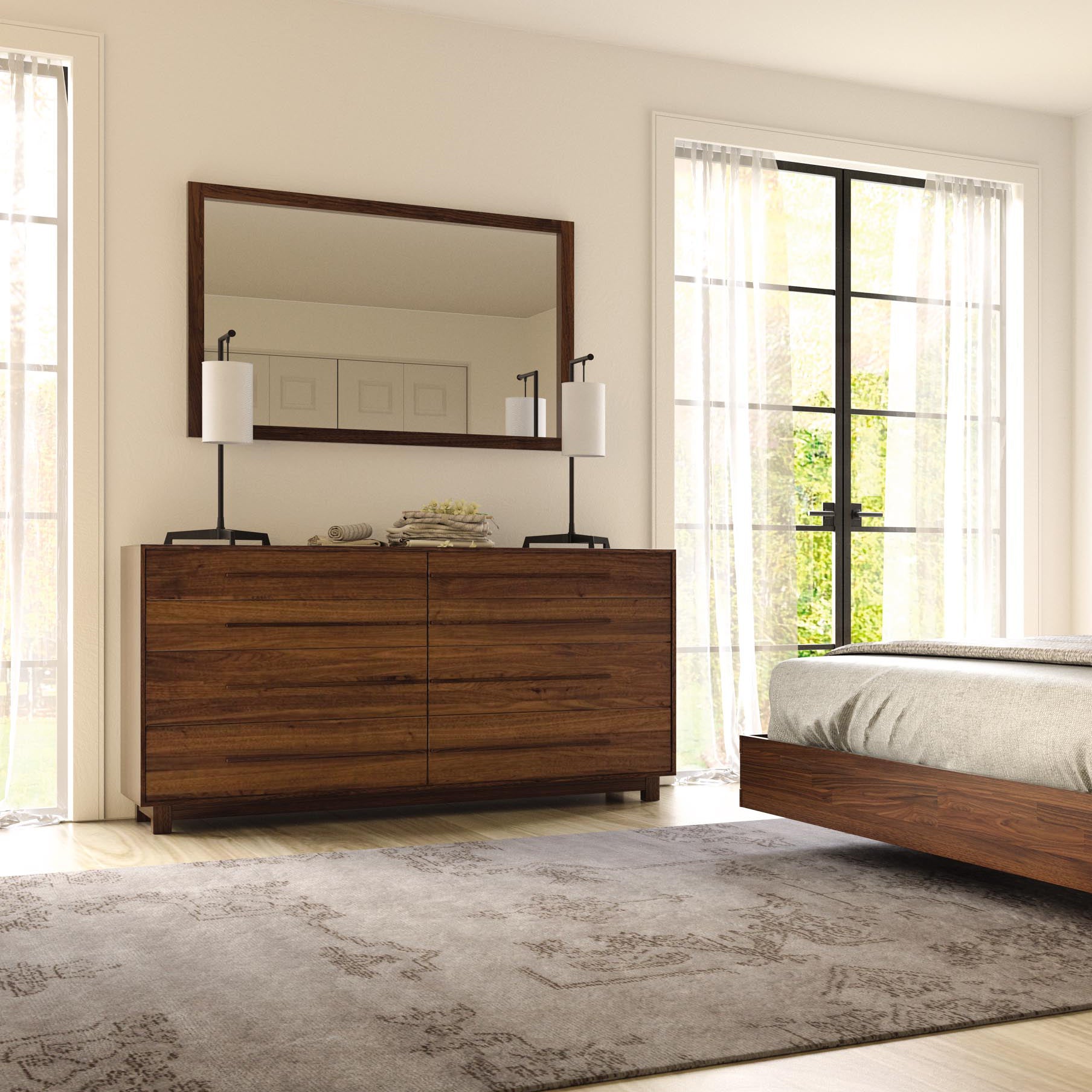 Copeland Furniture Sloane 8-Drawer Dresser with matching wood bed frame.