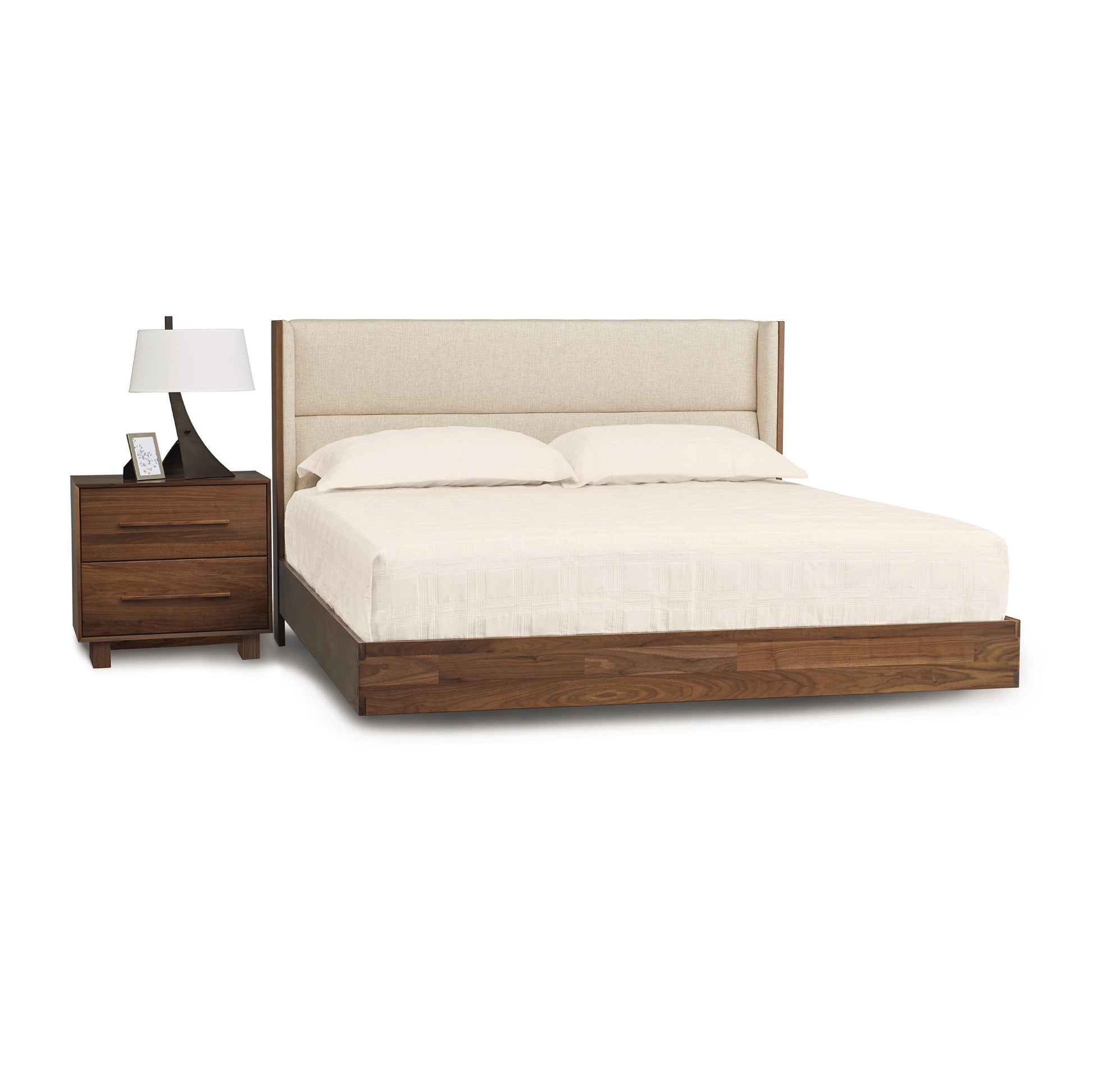Copeland Furniture Sloane Floating Bed with beige upholstered headboard, showcasing sleek modern design and craftsmanship.