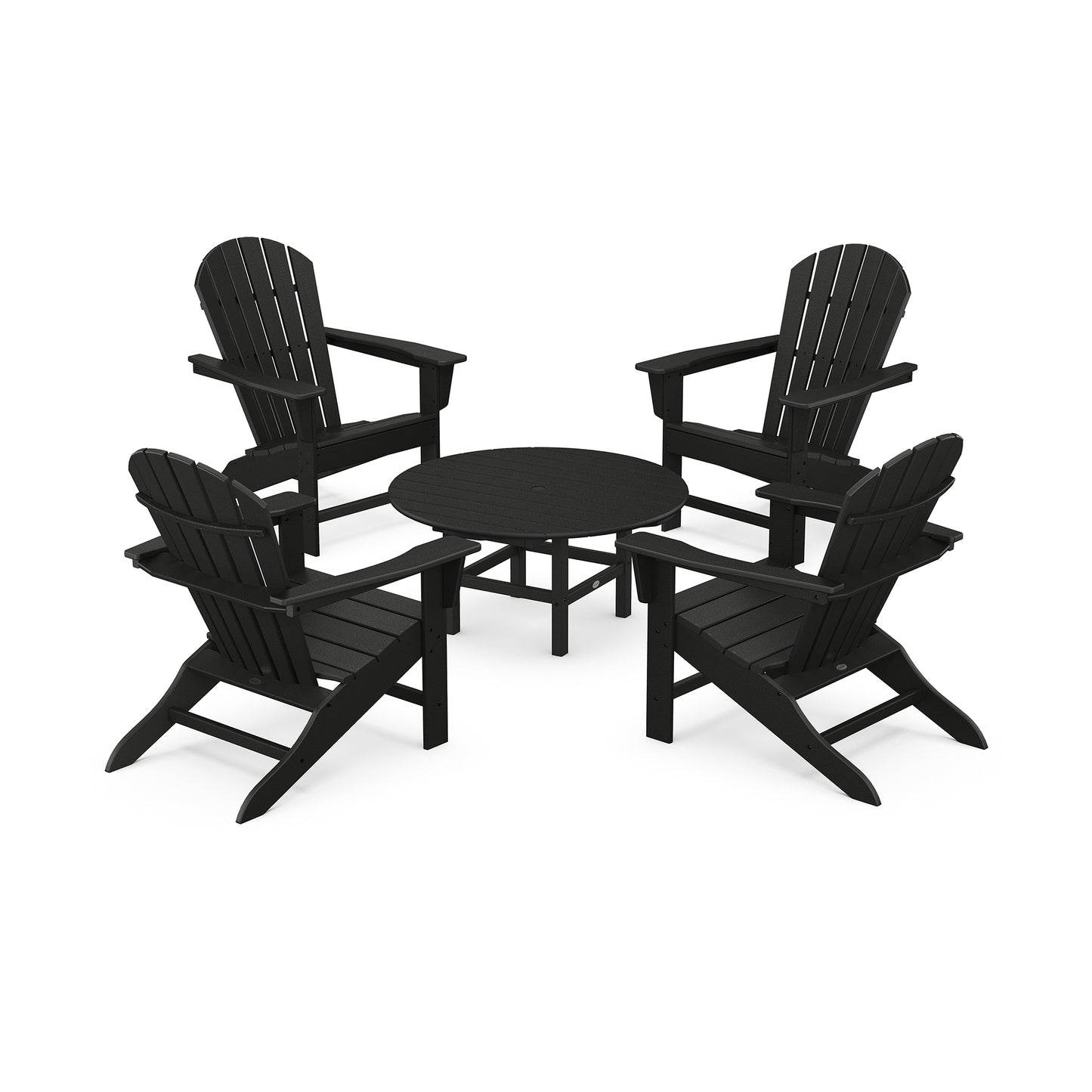 Black POLYWOOD South Beach Adirondack chairs paired with a round table, part of a 5-piece conversation group.