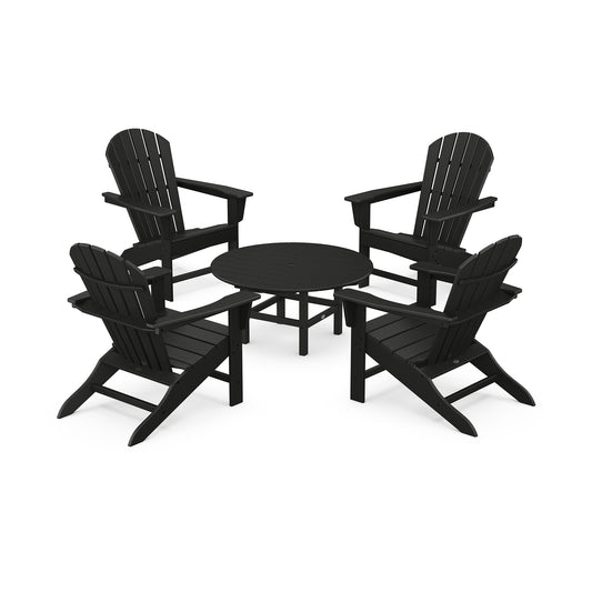 Black POLYWOOD South Beach Adirondack chairs paired with a round table, part of a 5-piece conversation group.