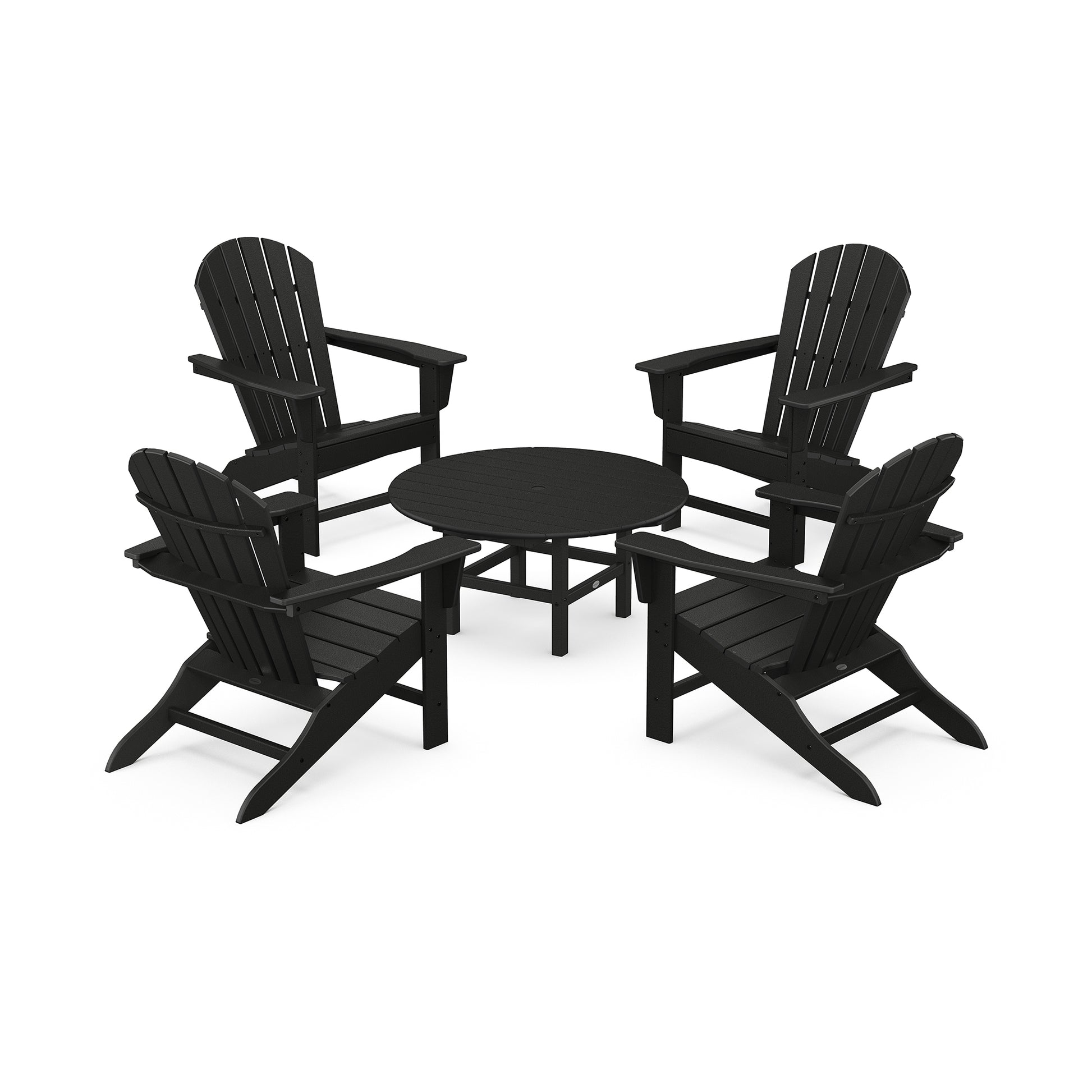Four black POLYWOOD South Beach Adirondack chairs arranged around a small matching circular table on a white background. The setup suggests a casual outdoor seating area.
