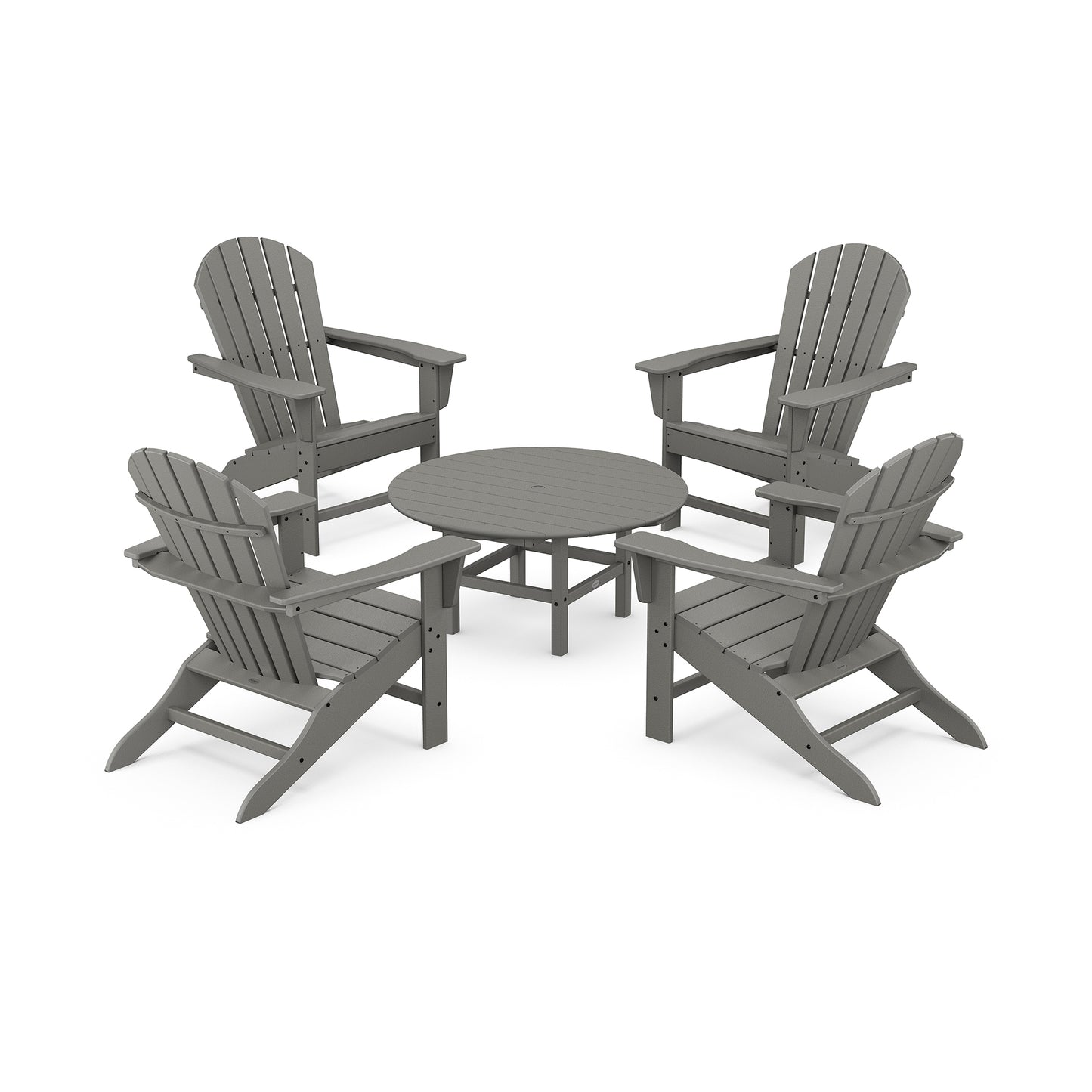 Four gray POLYWOOD Adirondack chairs with a matching round table from the South Beach 5-Piece Group.