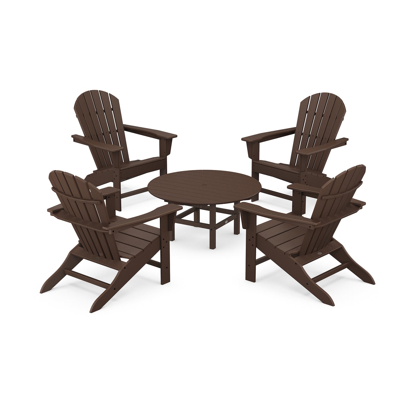 POLYWOOD South Beach 5-Piece Conversation Group showcasing four dark brown Adirondack-style chairs and a matching round table.