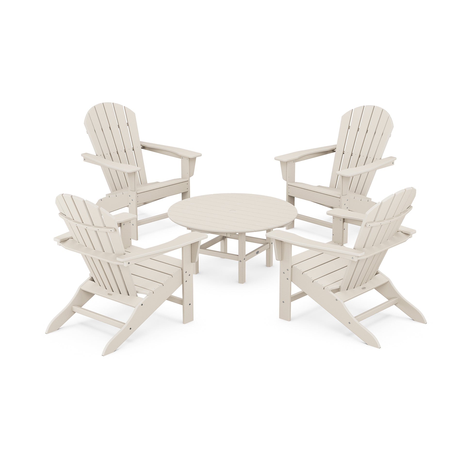 Four beige POLYWOOD South Beach Adirondack-style chairs arranged around a small, circular matching table on a plain white background.