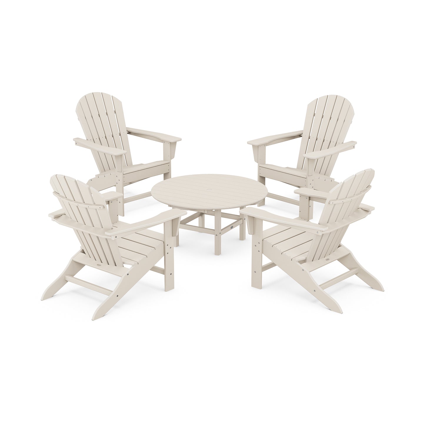 POLYWOOD South Beach 5-Piece Conversation Group with four beige Adirondack chairs and a round table.