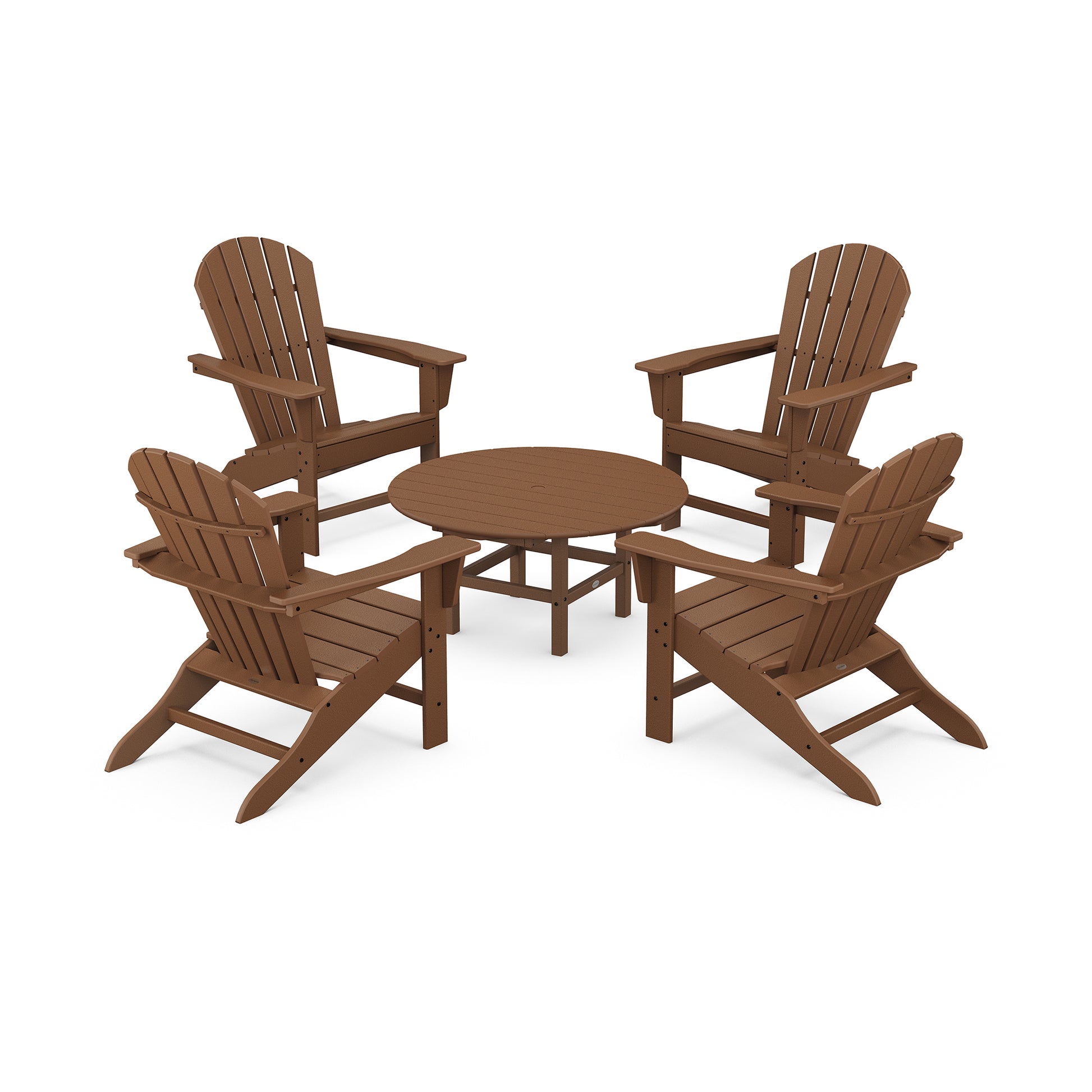 Four brown POLYWOOD South Beach chairs arranged around a small circular table, set on a plain white background. The chairs and table are made of slatted POLYWOOD®.
