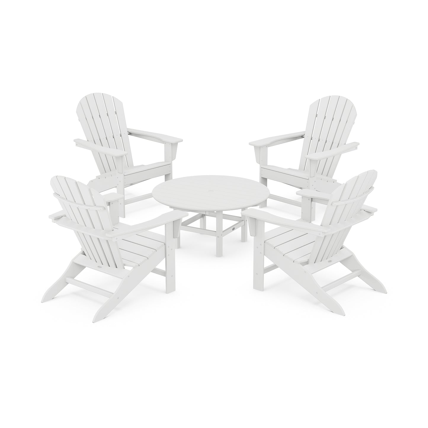 Four white Adirondack-style chairs from the POLYWOOD South Beach 5-Piece Conversation Group encircle a matching table.
