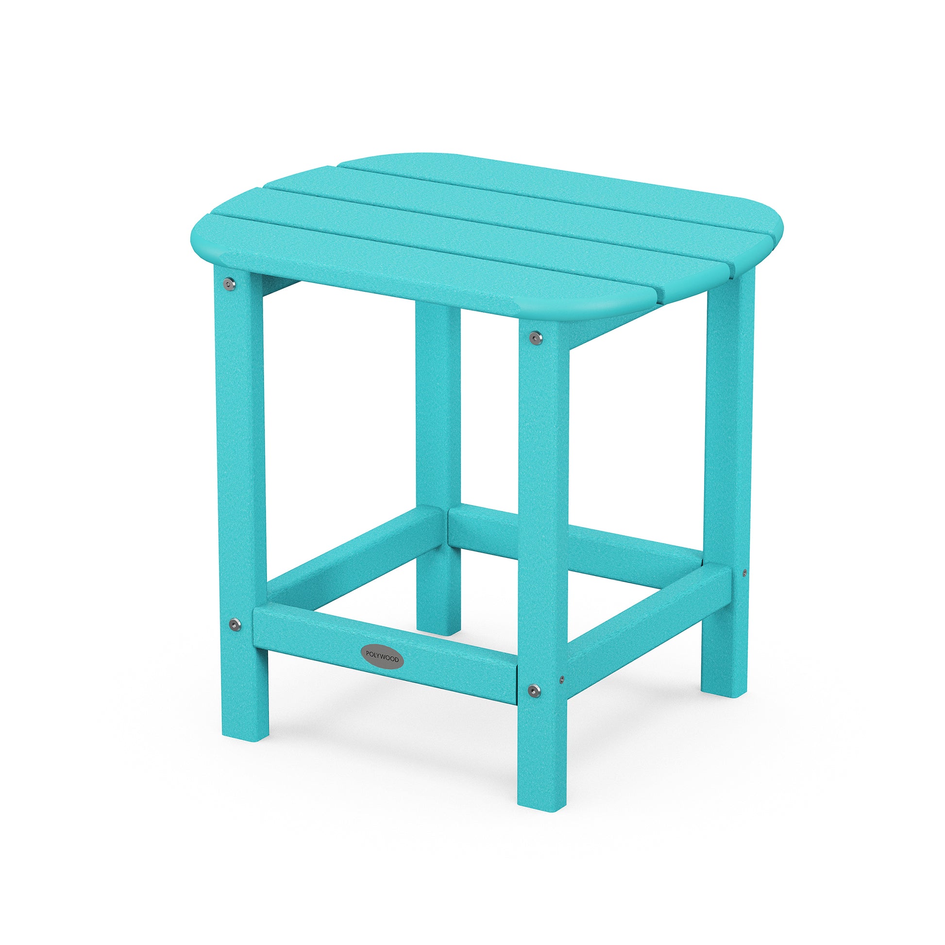 A turquoise blue POLYWOOD® South Beach Adirondack 18" Side Table with a rectangular top and four legs, isolated on a white background. The table has visible screws at the joints.