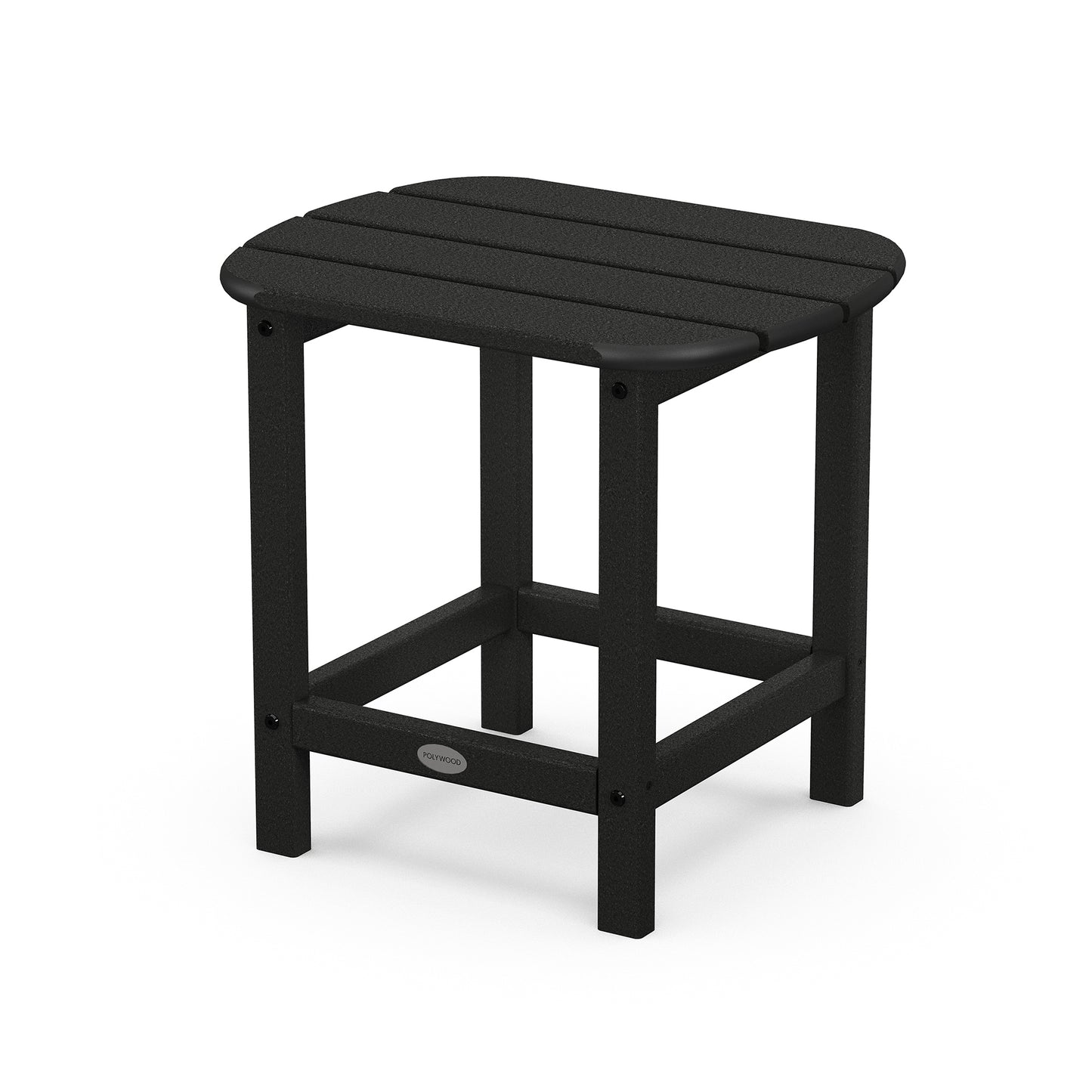 A black, square, POLYWOOD® South Beach Adirondack 18" Side Table with a slatted top and sturdy legs, isolated on a white background.