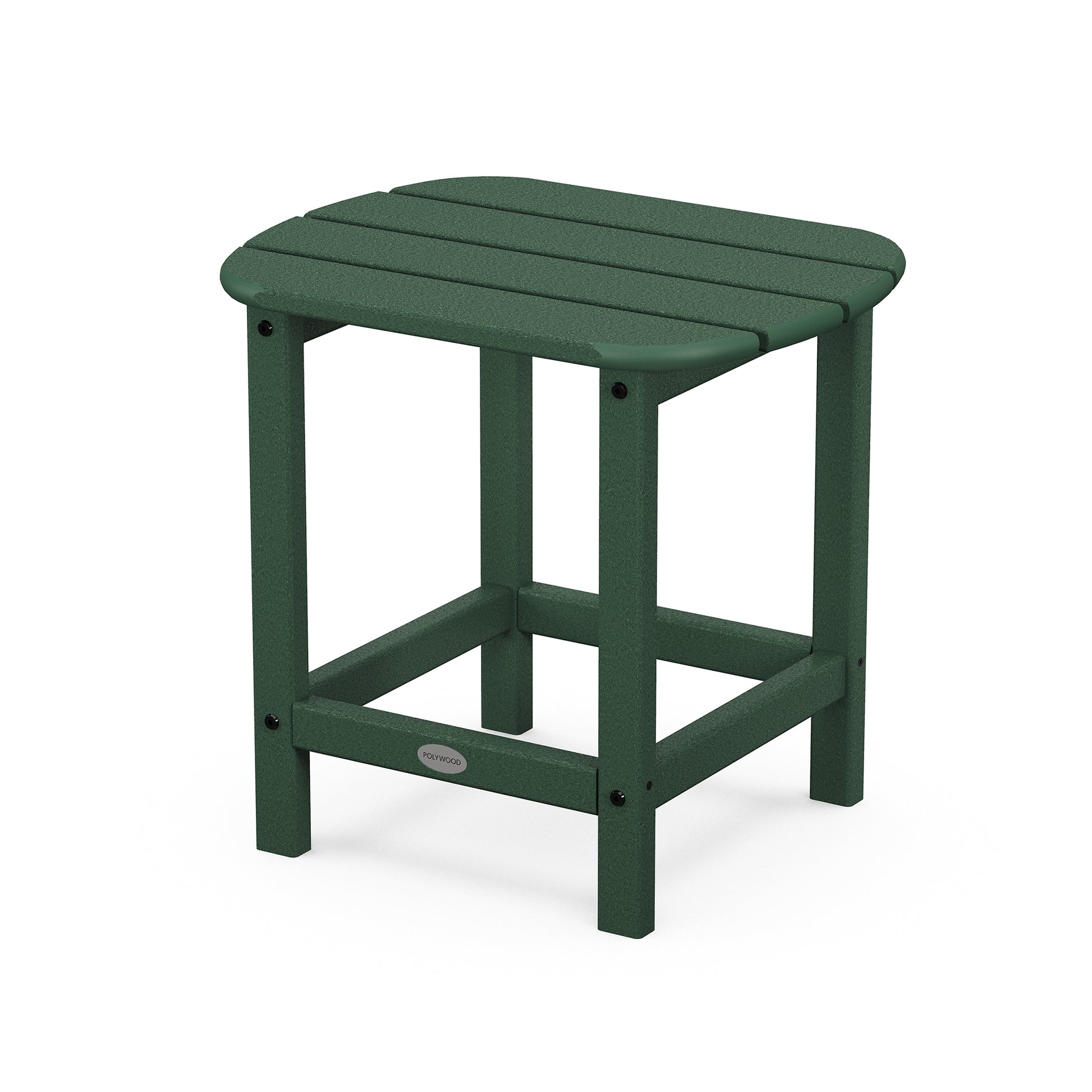 A green, POLYWOOD® South Beach Adirondack 18" Side Table with four sturdy legs and a branded label on the front, isolated on a white background.