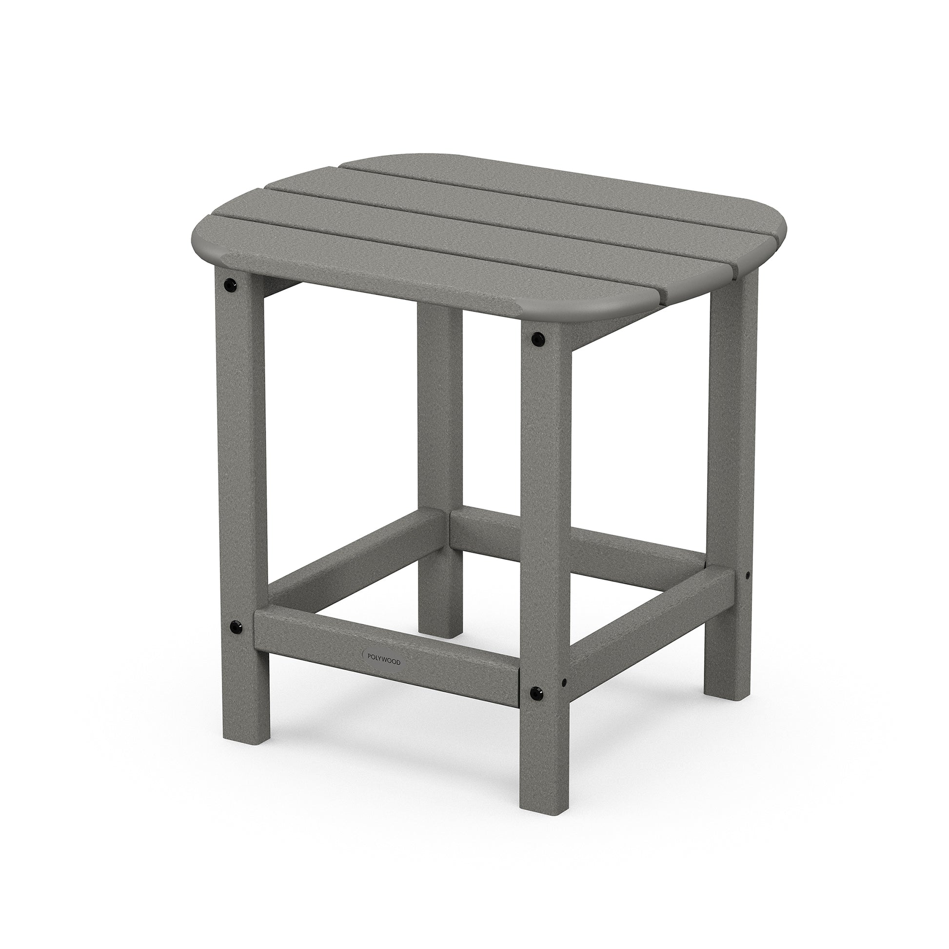 A simple gray POLYWOOD® South Beach Adirondack 18" Side Table made of durable plastic, featuring a rectangular slatted top and sturdy legs, displayed on a plain background.