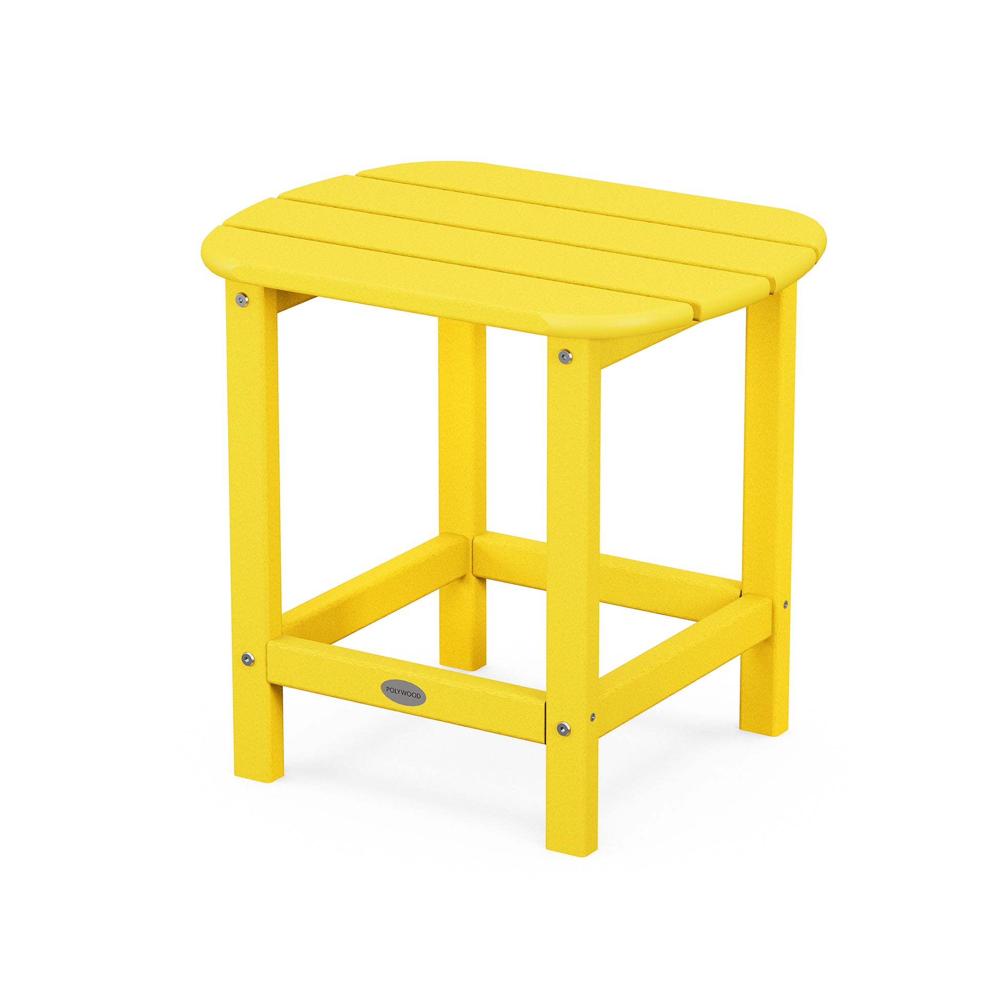 A bright yellow, POLYWOOD® South Beach Adirondack 18" Side Table with a simple, rectangular top and sturdy legs, isolated on a white background. The table has visible screws on each corner.