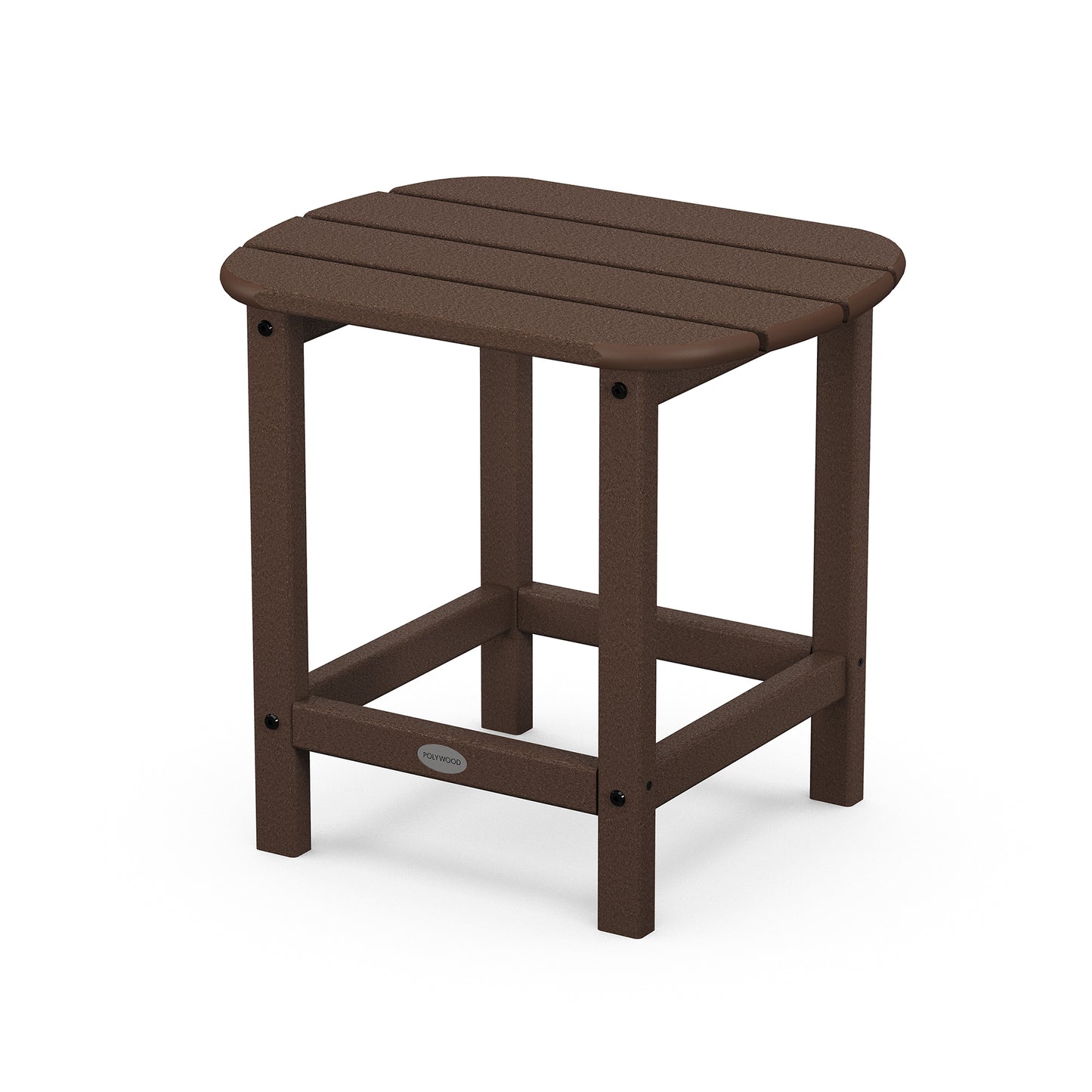 A durable brown POLYWOOD South Beach Adirondack 18" Side Table, with a slatted top and four legs, shown on a plain white background.