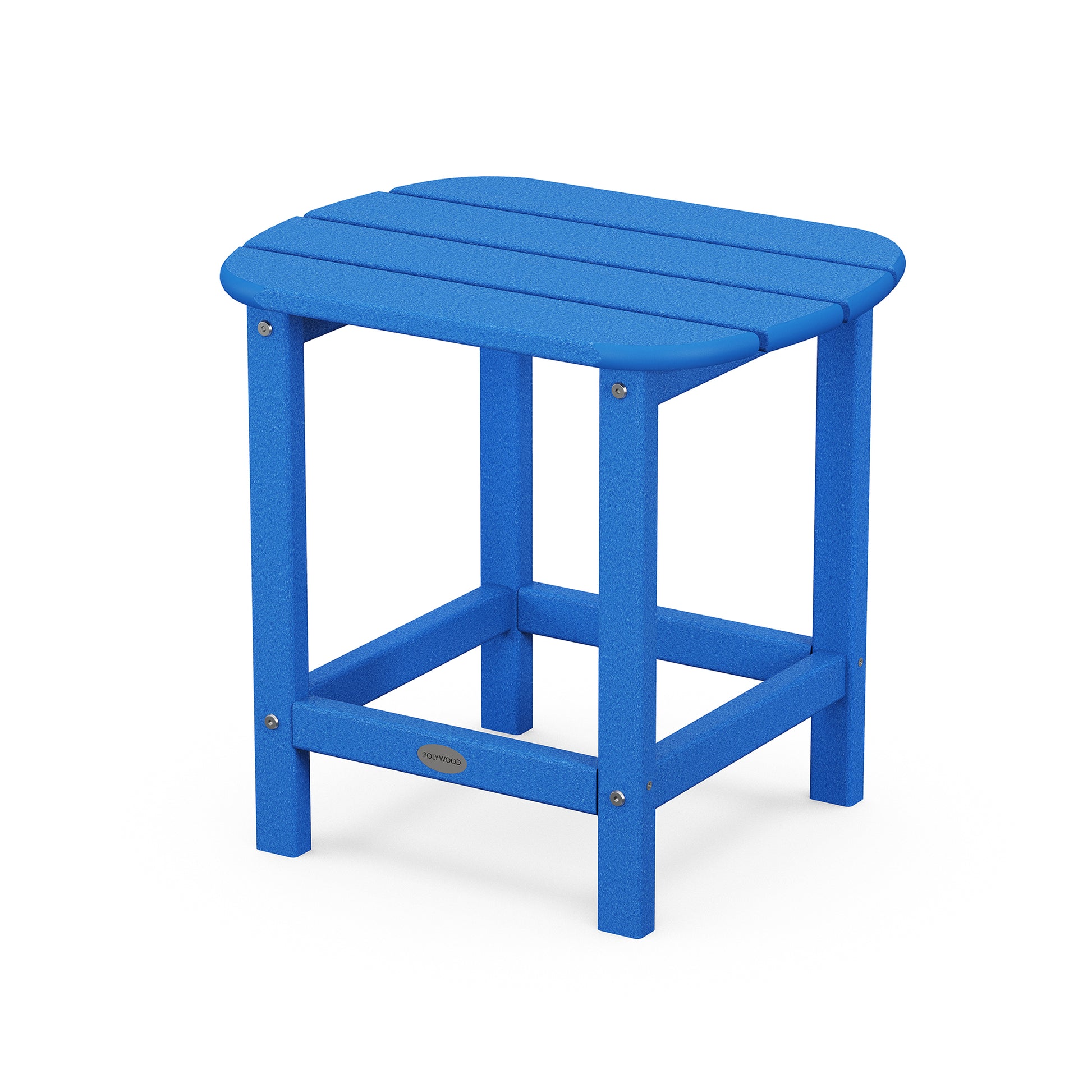 A vibrant blue POLYWOOD® South Beach Adirondack 18" Side Table made of sturdy plastic, isolated on a white background, showcasing a simple yet functional and weather-resistant design.