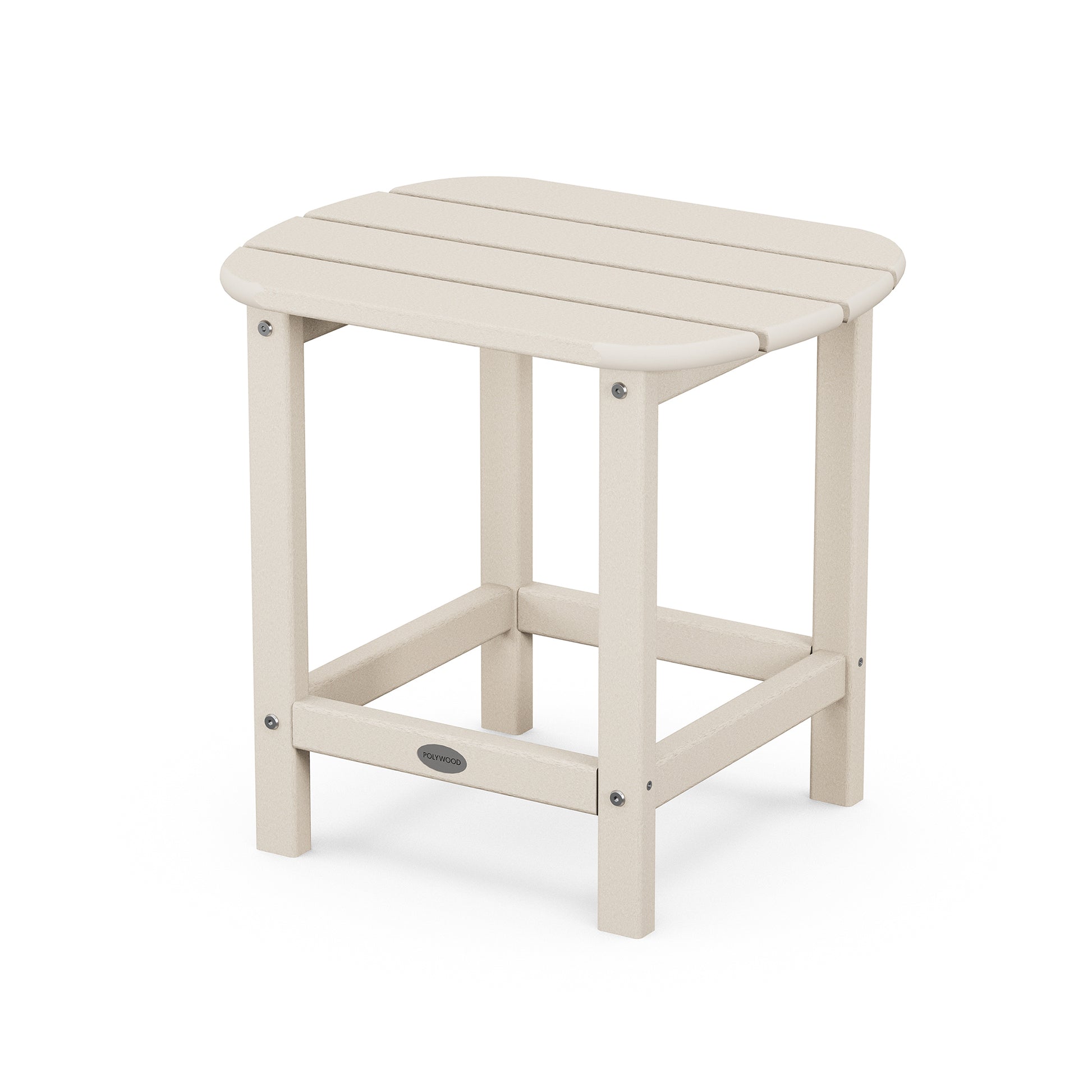 A small, beige POLYWOOD South Beach Adirondack 18" Side Table with a simple design and sturdy legs, isolated on a white background.