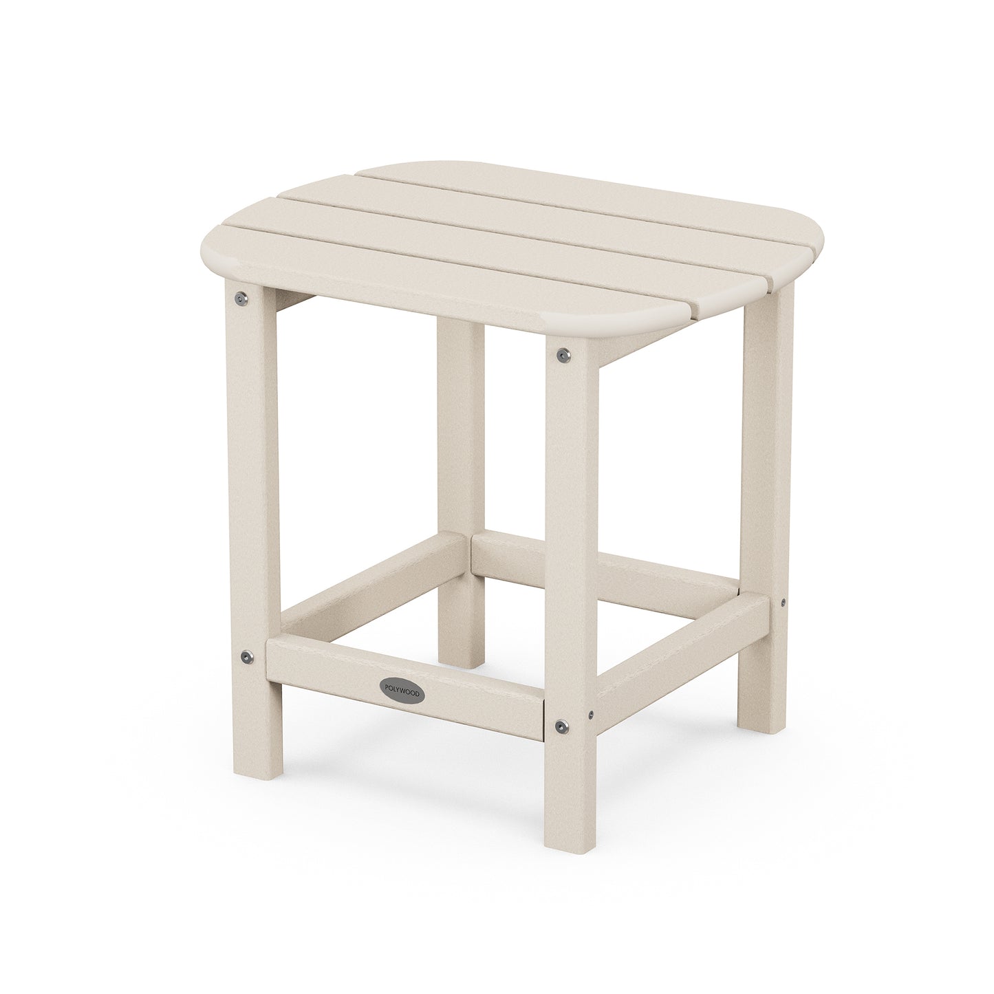 Beige POLYWOOD South Beach Adirondack 18" Side Table with slatted design and brand plate, perfect for outdoor furniture settings.