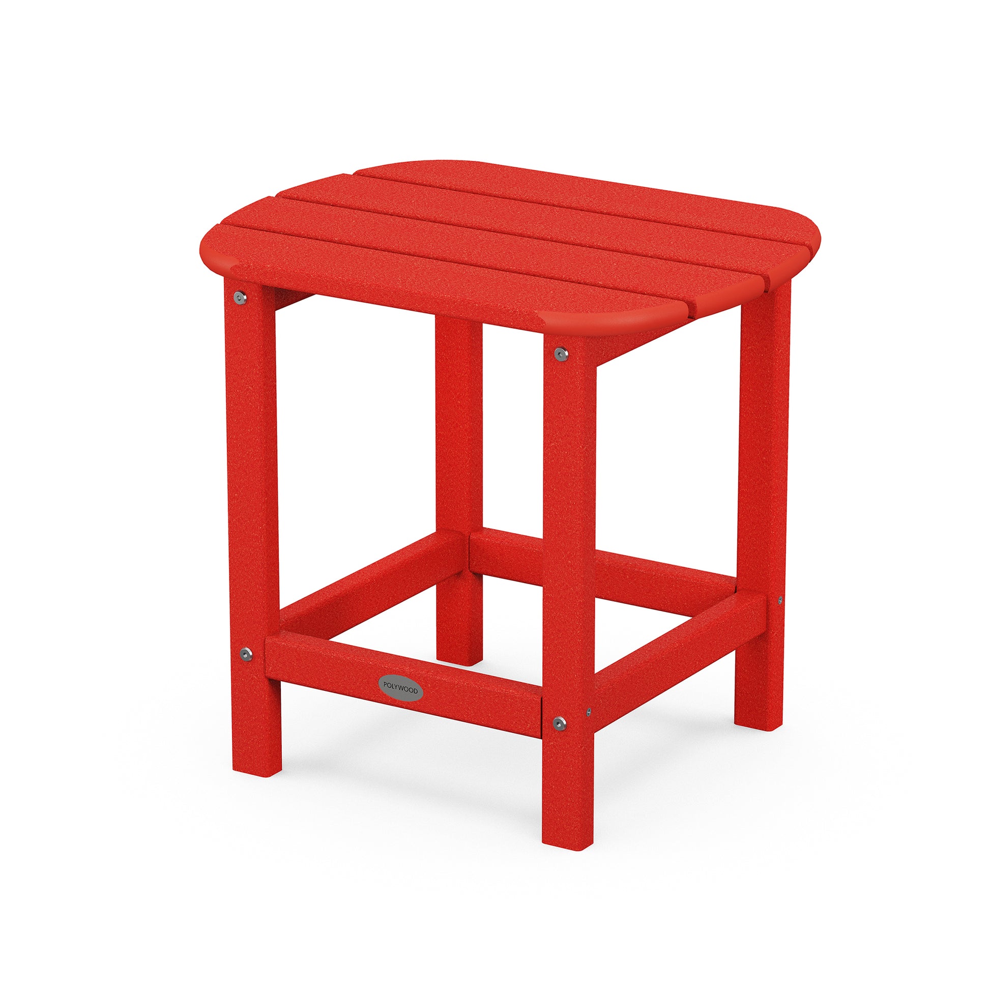 A POLYWOOD® South Beach Adirondack 18" red square outdoor side table, made of weather-resistant material, featuring a slatted top and sturdy legs with visible metal fasteners, isolated on a white