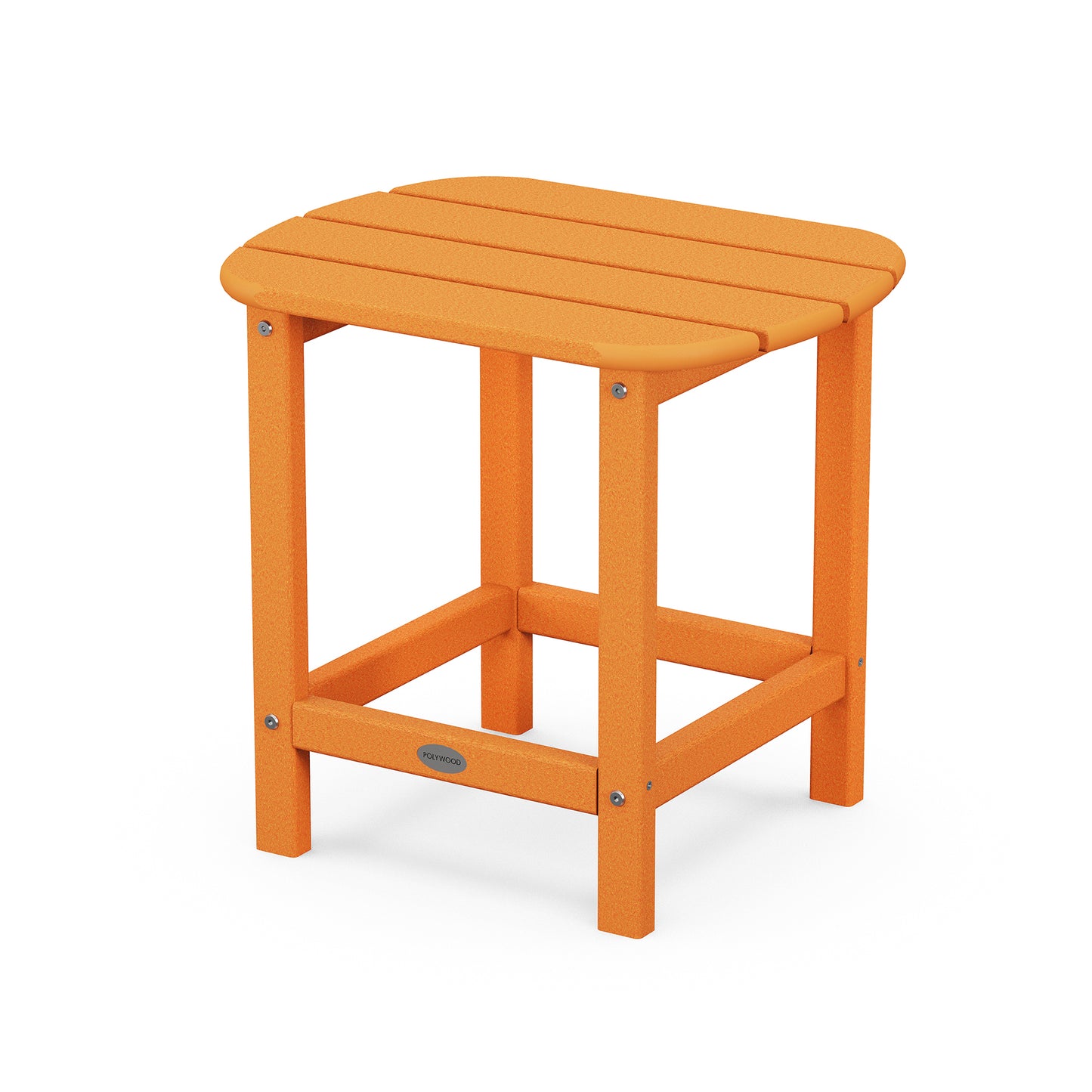 A durable orange POLYWOOD South Beach Adirondack 18" Side Table with a solid flat top and four sturdy legs, isolated on a white background.