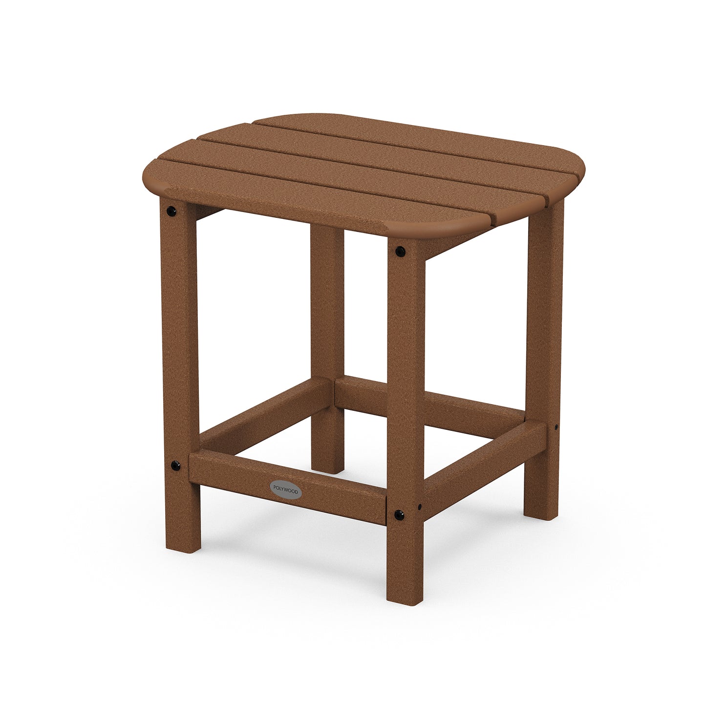 A simple brown, POLYWOOD® South Beach Adirondack 18" Side Table with a textured top, supported by four sturdy legs connected by horizontal bracing. This durable outdoor furniture stands isolated on a white background.