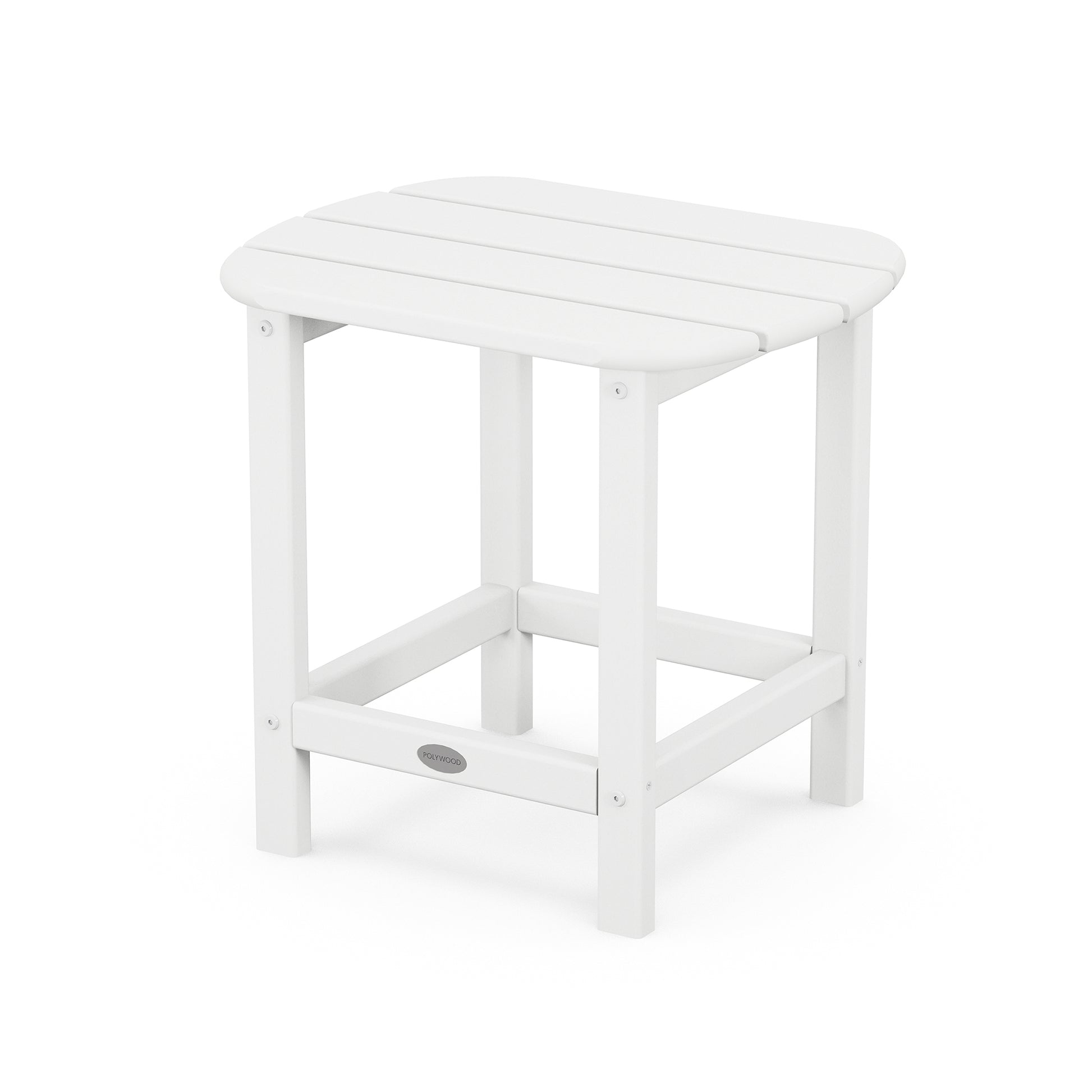 A simple white POLYWOOD® South Beach Adirondack 18" Side Table with a rectangular top and a lower shelf, set against a plain white background.