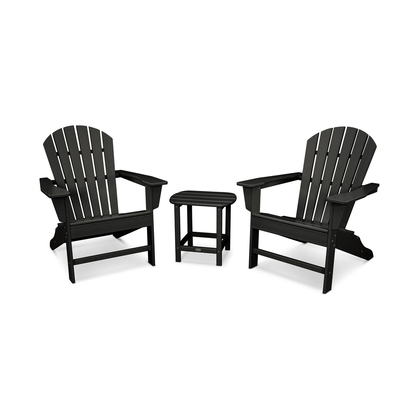 Two black POLYWOOD South Beach Adirondack chairs with a matching small round table, set on a plain white background.