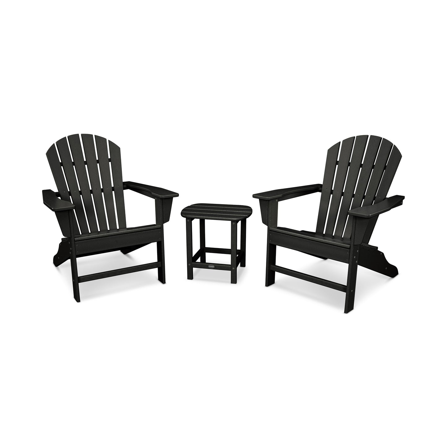 POLYWOOD South Beach Adirondack 3-Piece Set featuring two black POLYWOOD lumber chairs and a coordinating side table.
