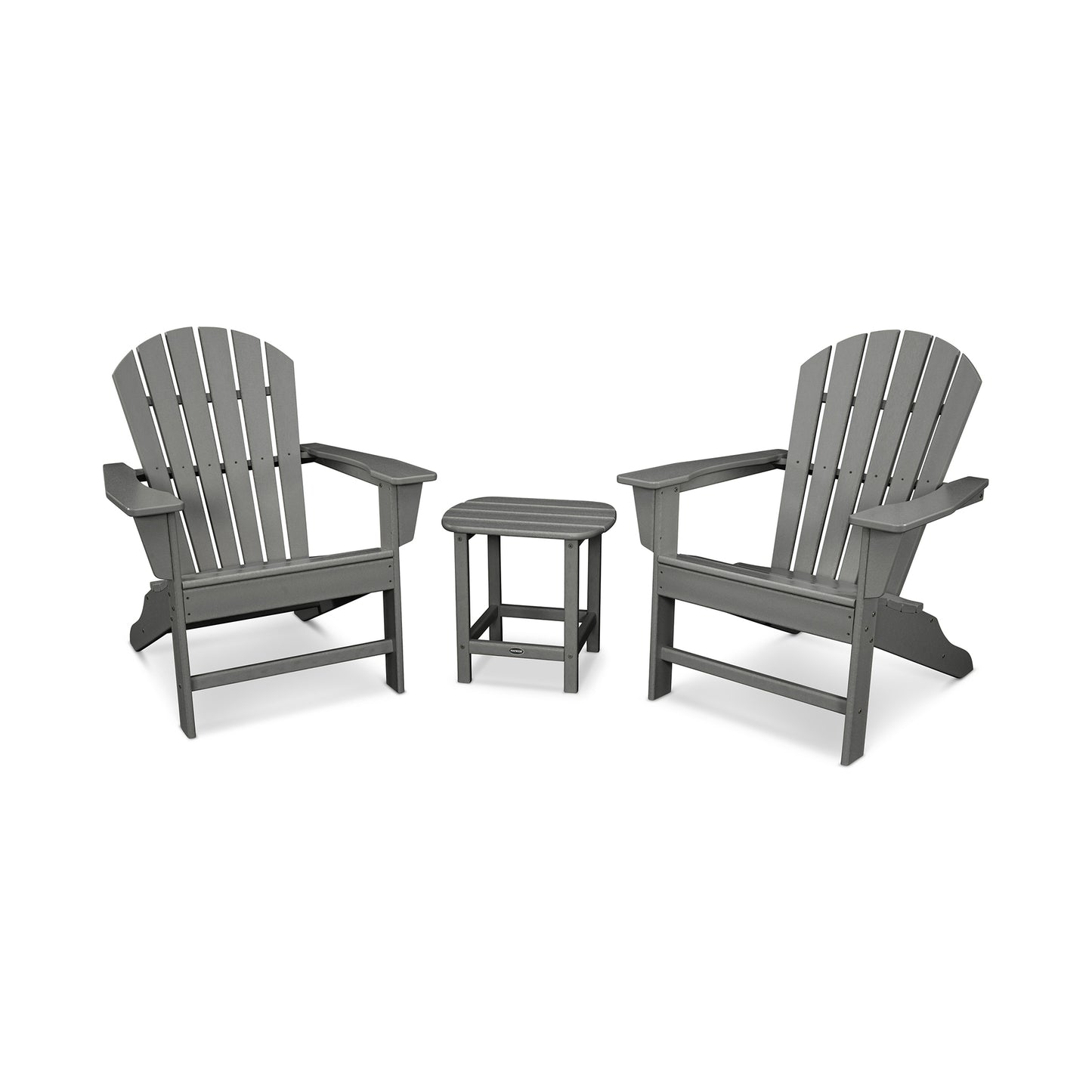 Two gray POLYWOOD South Beach Adirondack chairs facing each other with a small matching table in between, set against a plain white background.