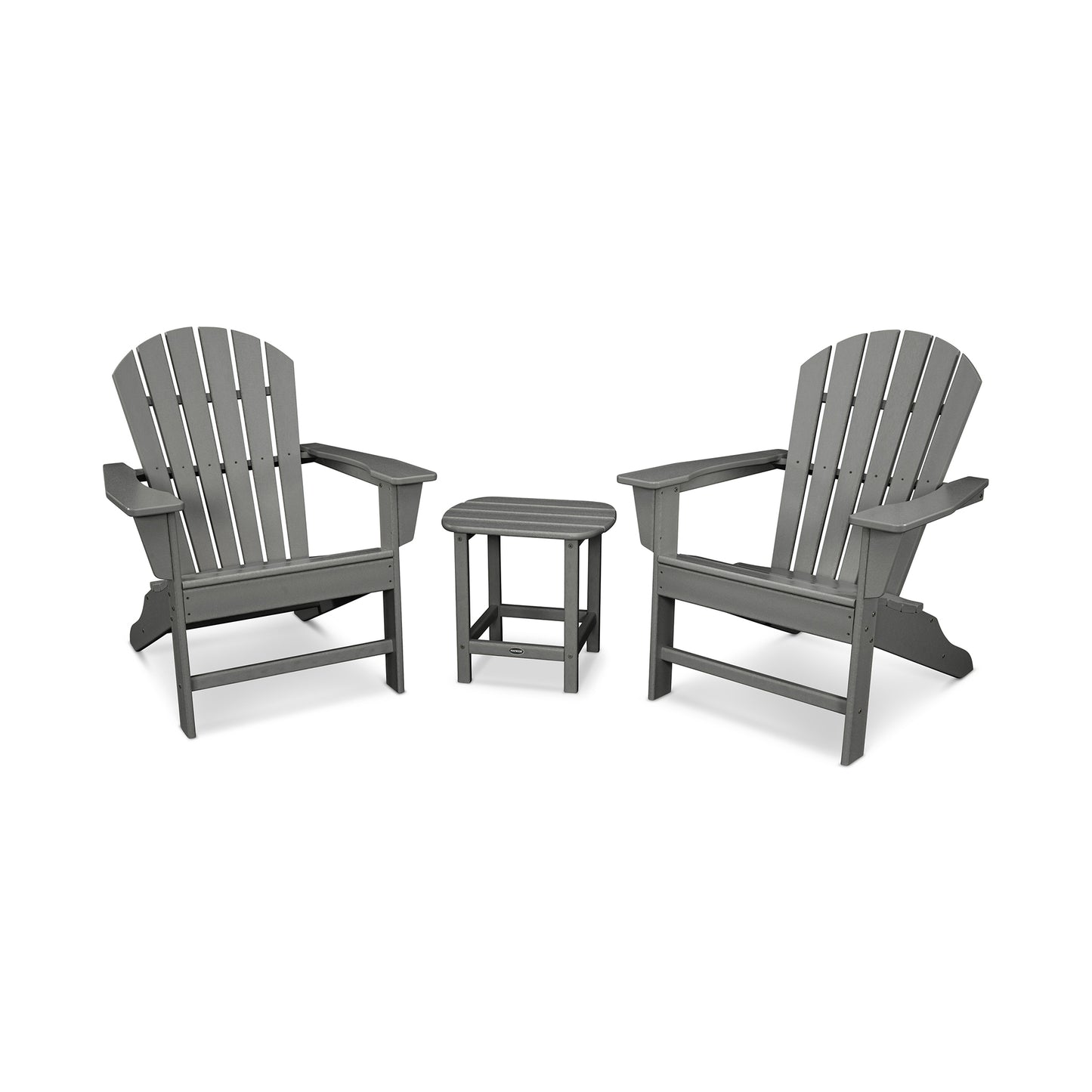 POLYWOOD South Beach Adirondack 3-Piece Set in gray, with two Adirondack chairs and a matching small table.