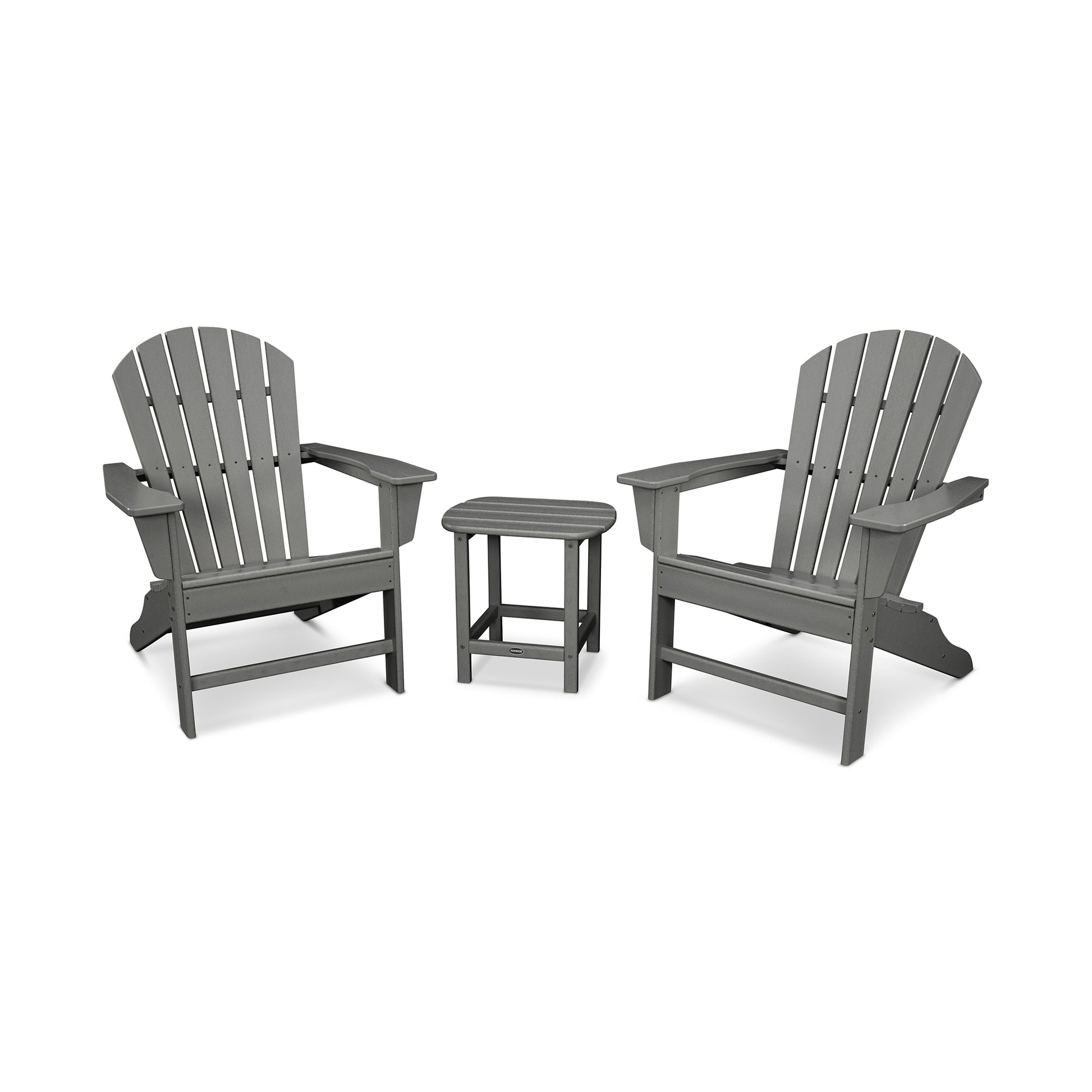 POLYWOOD South Beach Adirondack 3-Piece Set in gray, with two Adirondack chairs and a matching small table.