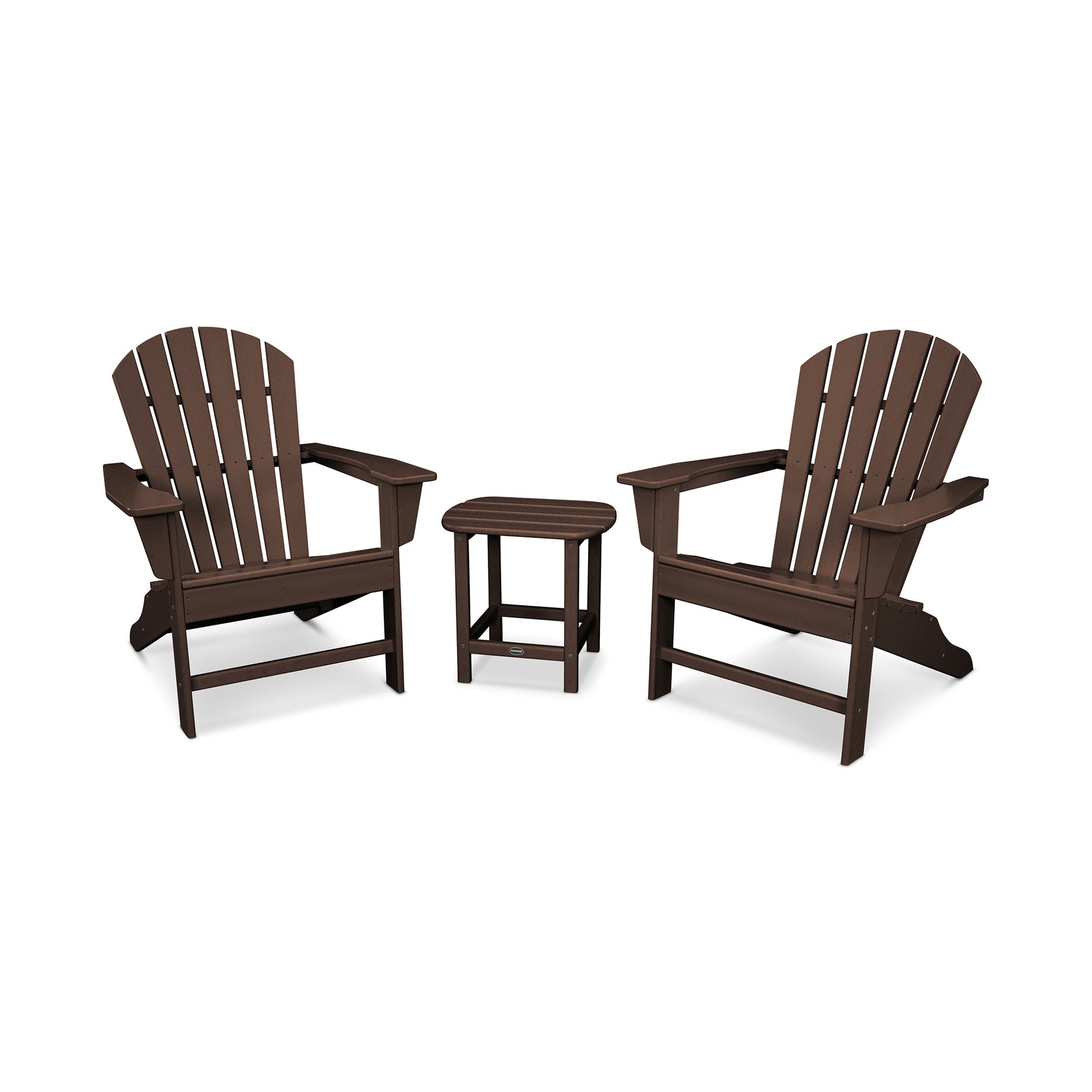 Two brown POLYWOOD South Beach Adirondack chairs with a matching small side table, arranged on a plain white background. The chairs are made of POLYWOOD lumber, have a slatted design, and