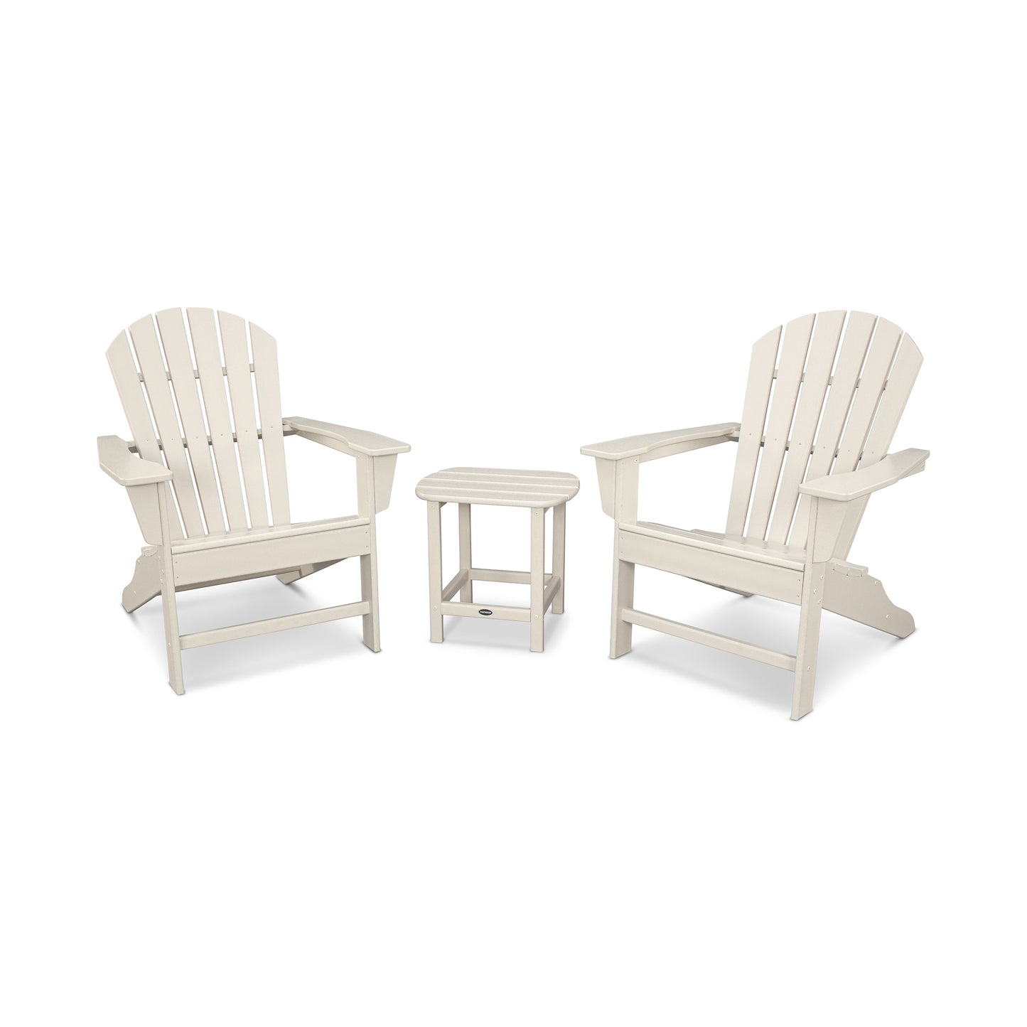 Two white POLYWOOD South Beach Adirondack chairs with a matching small round table isolated on a white background, arranged as if inviting a relaxing conversation.