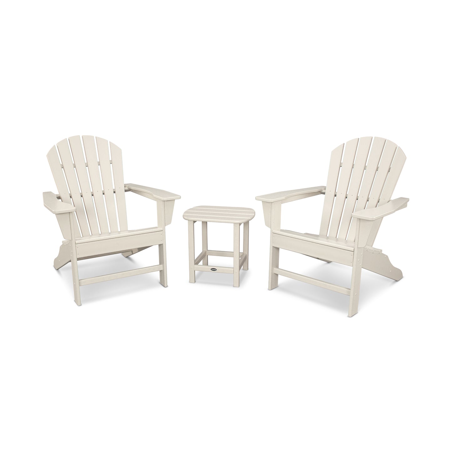 POLYWOOD South Beach Adirondack 3-Piece set featuring two beige chairs and a coordinating side table.