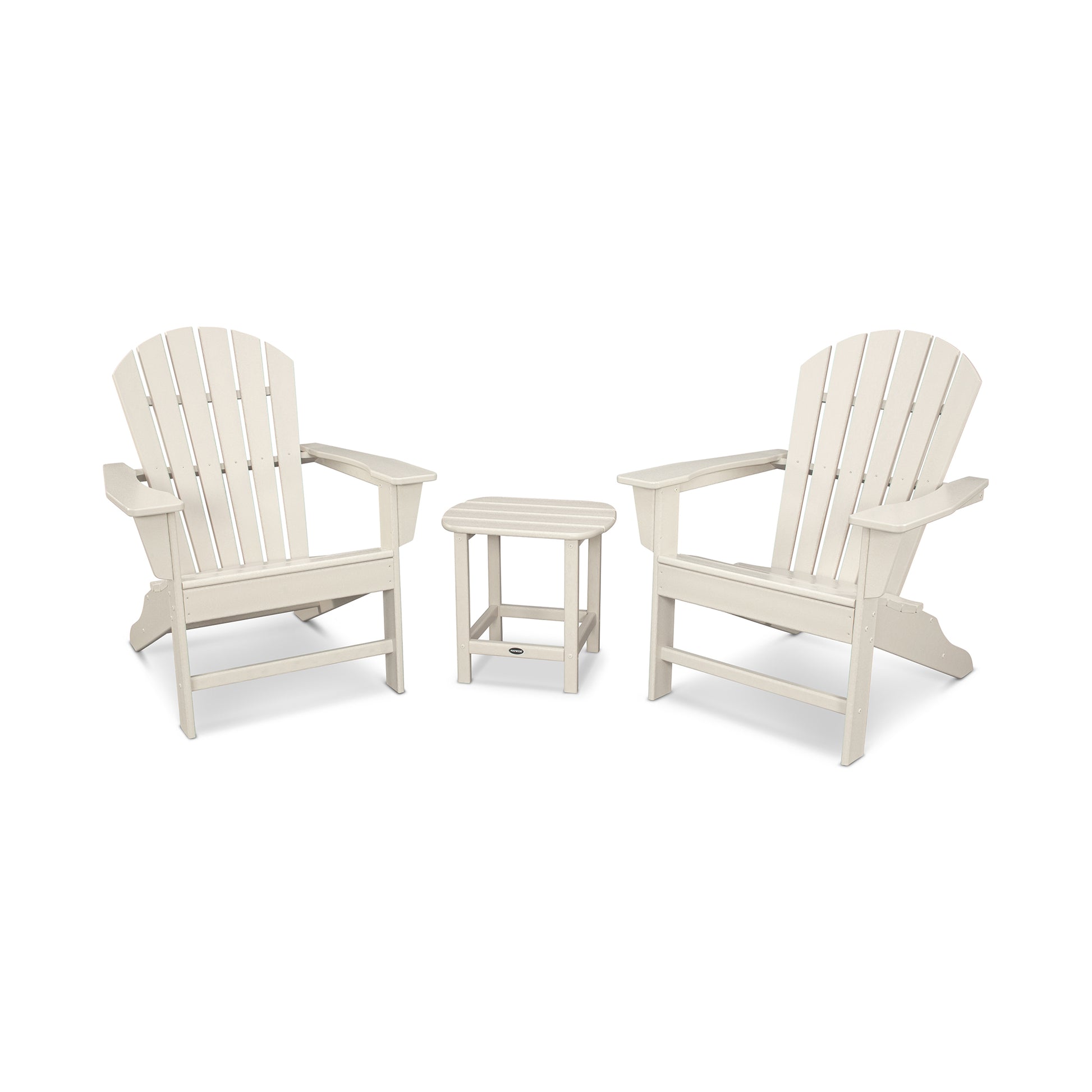 POLYWOOD South Beach Adirondack 3-Piece set featuring two beige chairs and a coordinating side table.