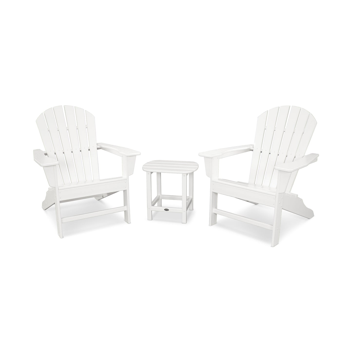 Two white POLYWOOD South Beach Adirondack chairs with a small matching table between them, set against a white background.