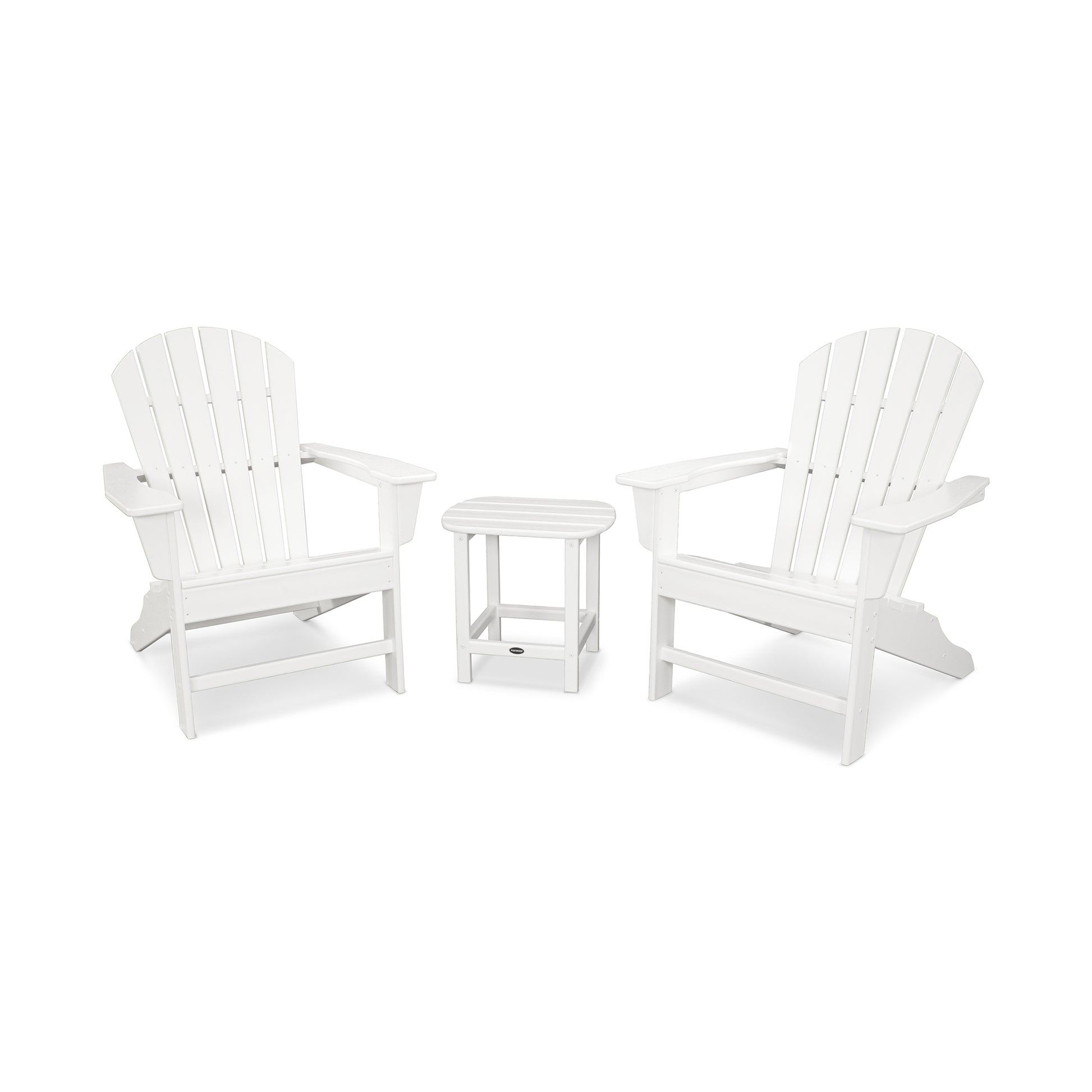Two white POLYWOOD South Beach Adirondack chairs with a small matching table between them, set against a white background.