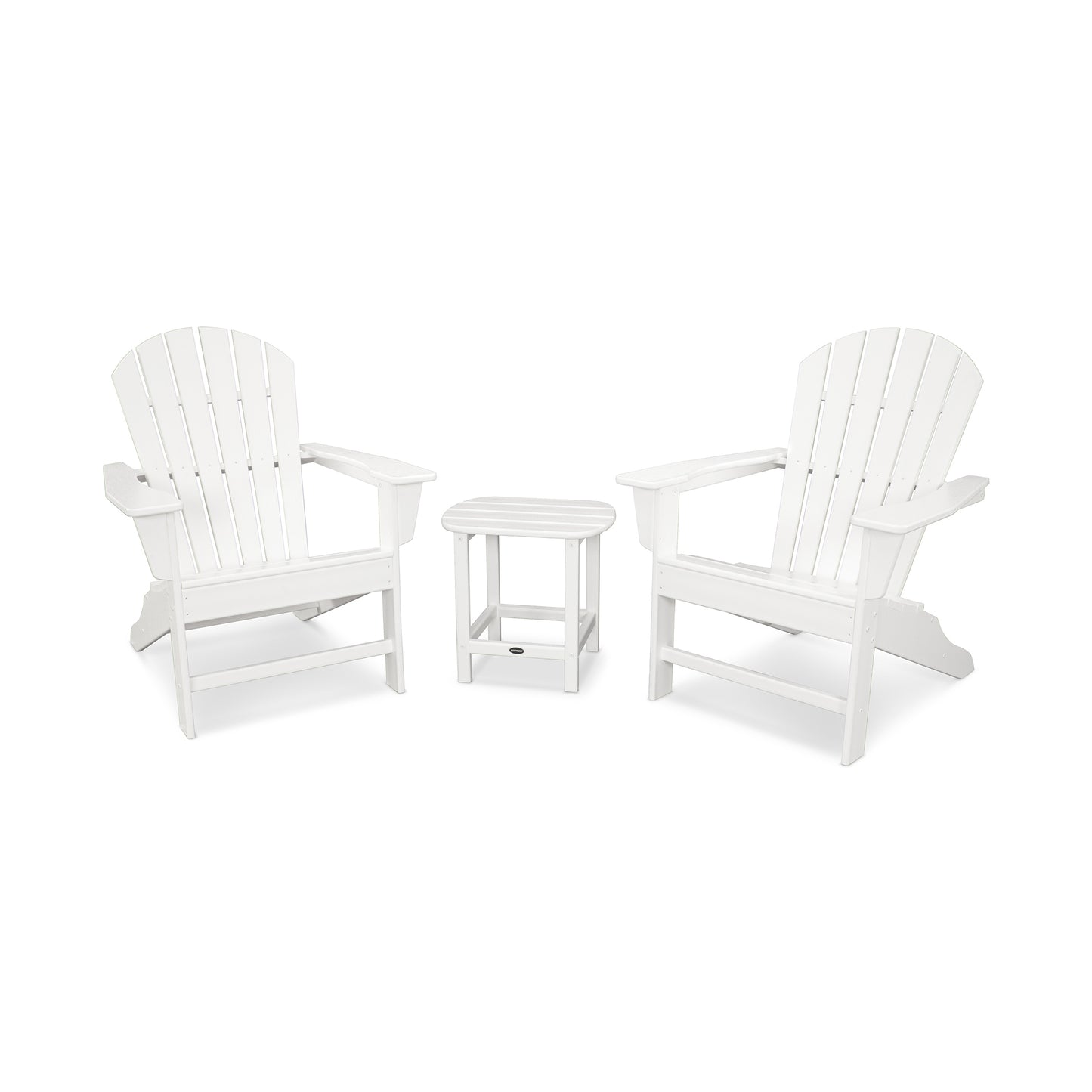 Adirondack chairs and side table from the POLYWOOD South Beach Set, made with durable POLYWOOD lumber.