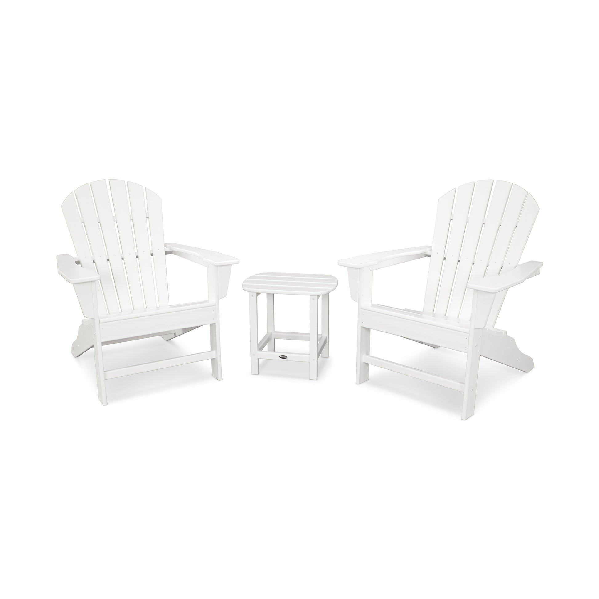 Adirondack chairs and side table from the POLYWOOD South Beach Set, made with durable POLYWOOD lumber.