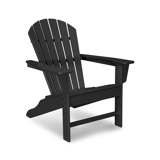 A black POLYWOOD South Beach Adirondack chair made of recycled plastic resin with a high, slanted back, broad armrests, and a flat seat, shown isolated on a white background.