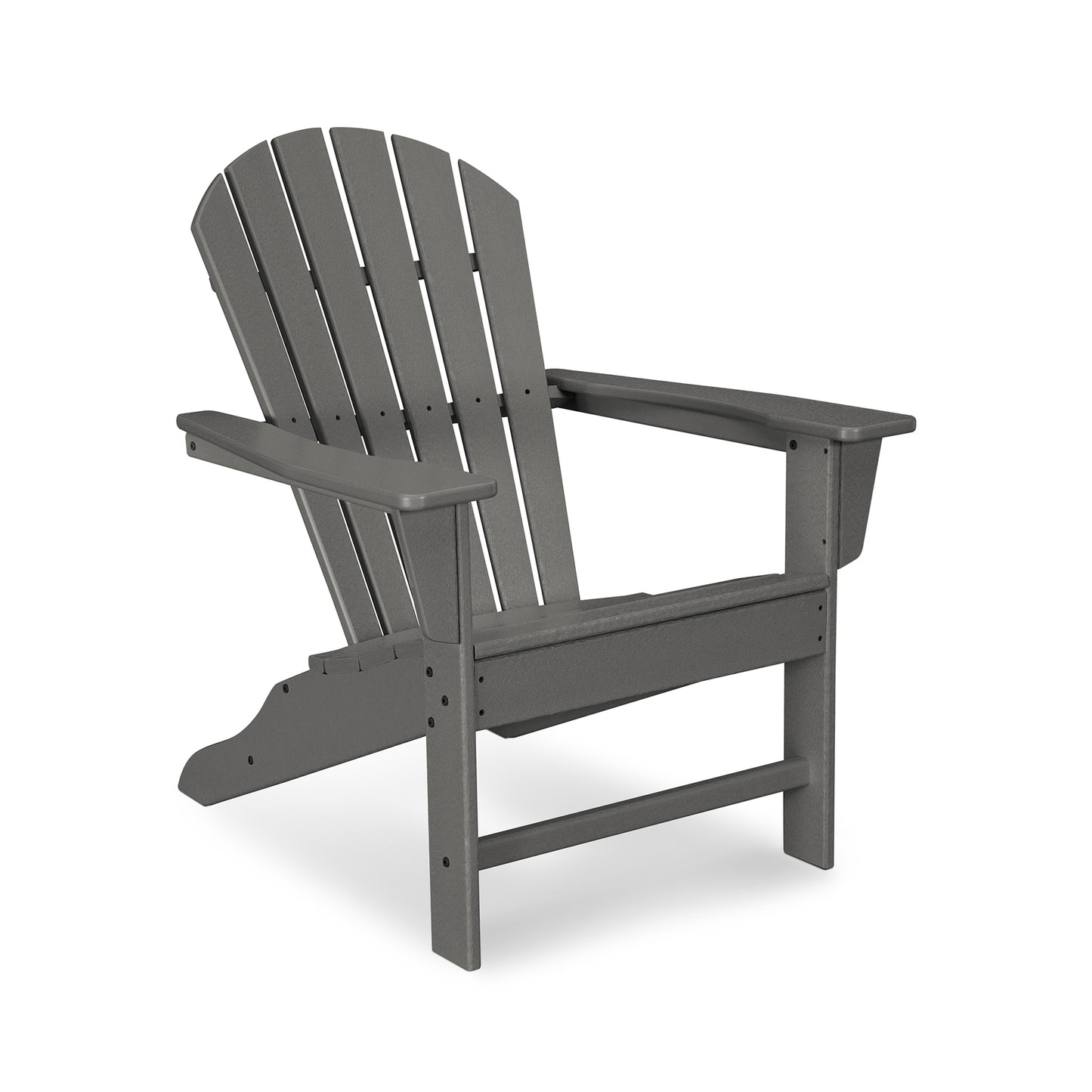 Gray POLYWOOD South Beach Adirondack Chair with slatted back and armrests, crafted from recycled resin.