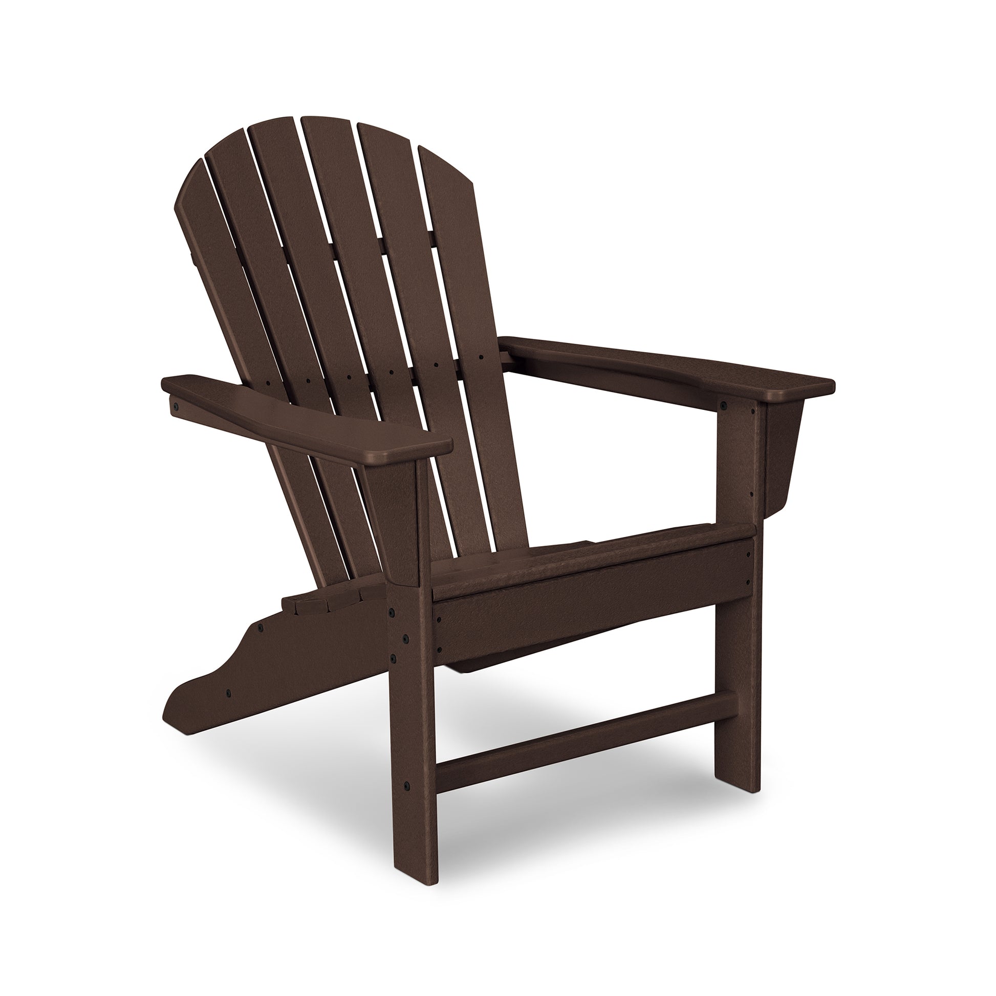 POLYWOOD South Beach Adirondack chair featuring recycled plastic construction, slatted backrest, and wide armrests.