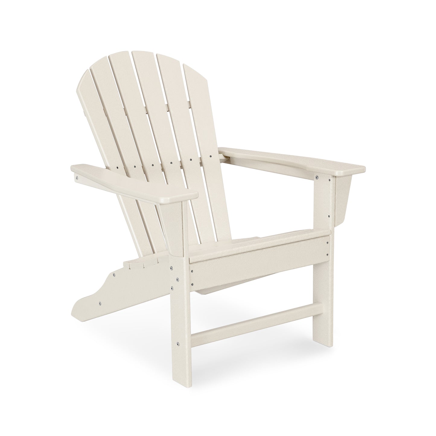 White POLYWOOD South Beach Adirondack chair crafted from recycled plastic, featuring a slatted back and wide armrests, angled view.