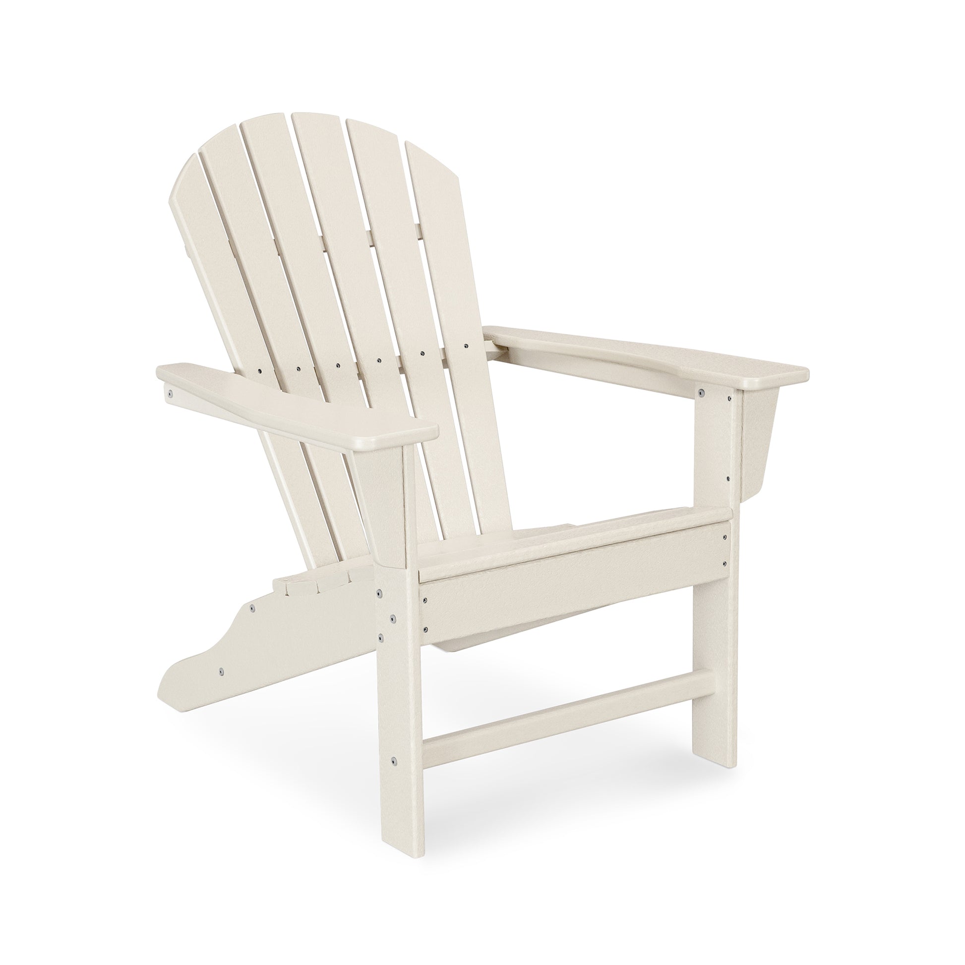 White POLYWOOD South Beach Adirondack chair crafted from recycled plastic, featuring a slatted back and wide armrests, angled view.