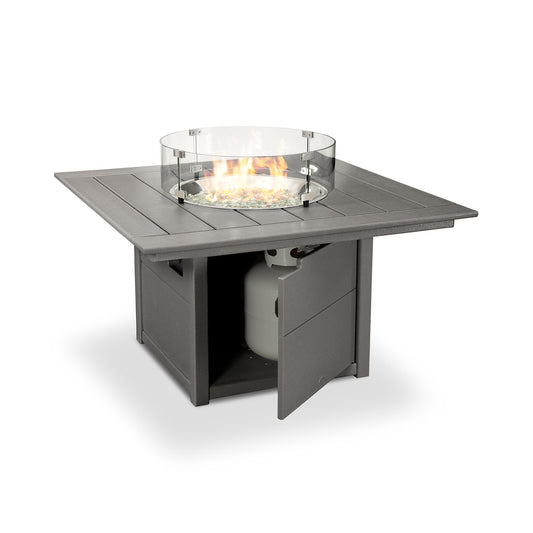 POLYWOOD Square 42" Fire Pit Table with glass barrier and hidden propane tank storage.