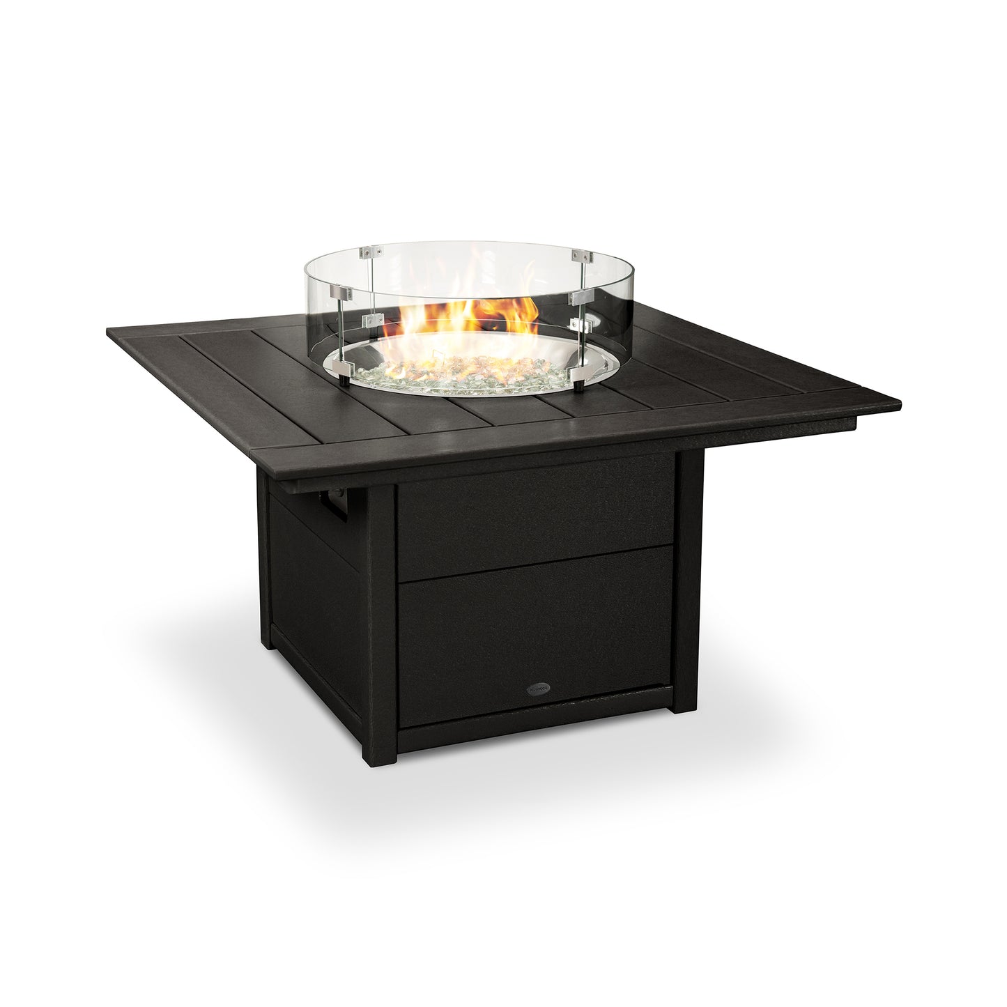 POLYWOOD 42-inch square fire pit table with glass guard showcasing a vibrant flame on a sleek black base.