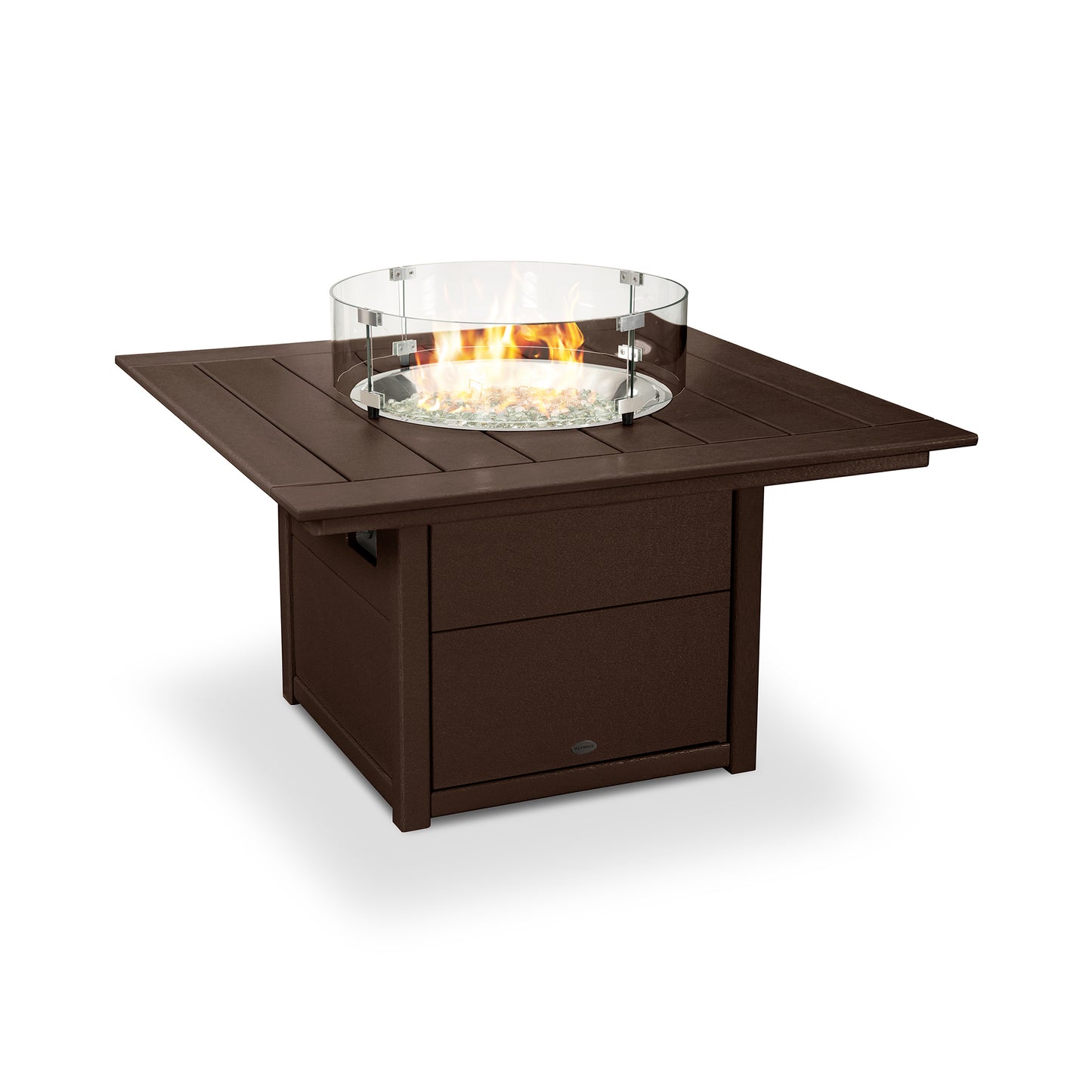A square POLYWOOD Square 42" fire pit table with a dark brown finish and glass wind guard, featuring visible flames and ornamental rocks inside the glass enclosure.
