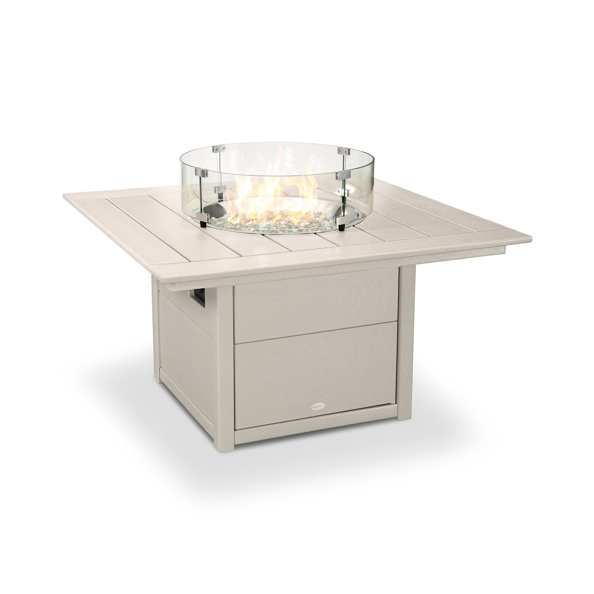 A square POLYWOOD Square 42" Fire Pit Table, featuring a beige metal body and a central glass wind guard surrounding the flame area, placed on a plain white background.
