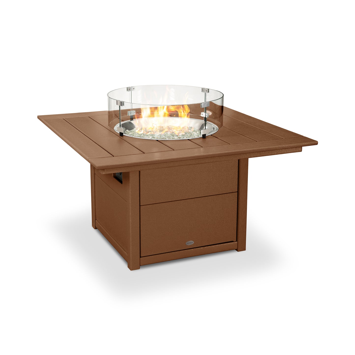 Square POLYWOOD 42" Fire Pit Table with glass wind guard and visible flames, featuring a wood-like light brown finish.